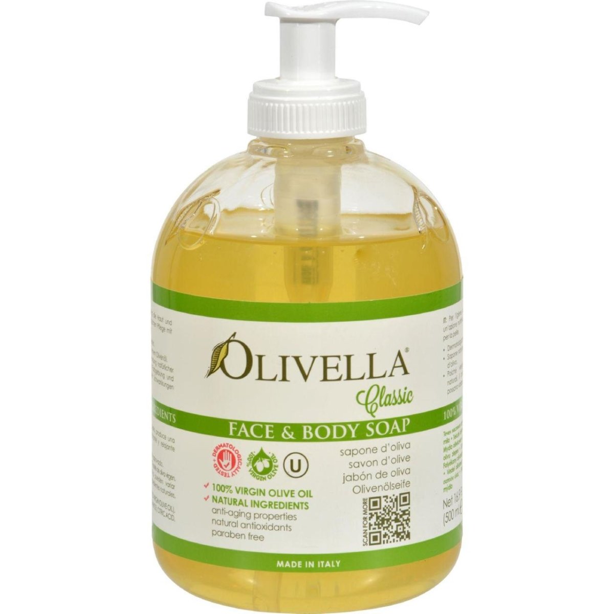 Olivella Face and Body Soap - 16.9 Fl Oz (500ml) Natural Olive Oil Cleanser for Sensitive Skin - Hydrating & Gentle Daily Wash for Face, Hands & Body - Perfect for Shower, Bath & Travel