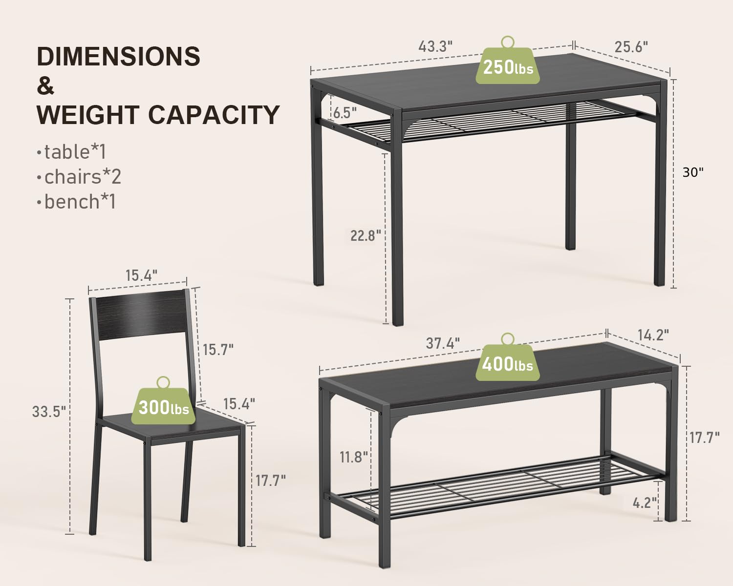Gizoon 4-Piece Dining Table Set with Bench - Kitchen Table and 2 Chairs for 4 - Space Saving Small Apartment Furniture for Breakfast Nook, Tiny Homes & Compact Living Spaces