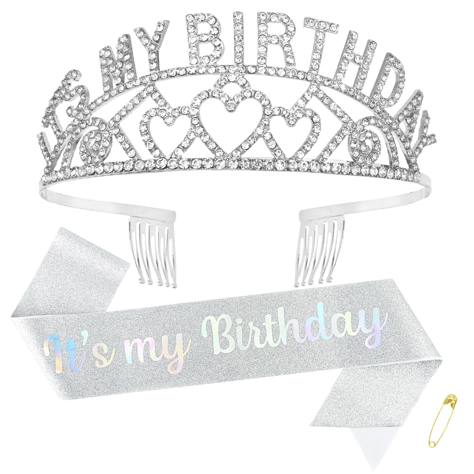Birthday Sash & Rhinestone Tiara Set for Women - Silver Glam Birthday Crown & Decorations - Perfect for Birthday Parties, Bachelorette, and Special Celebrations