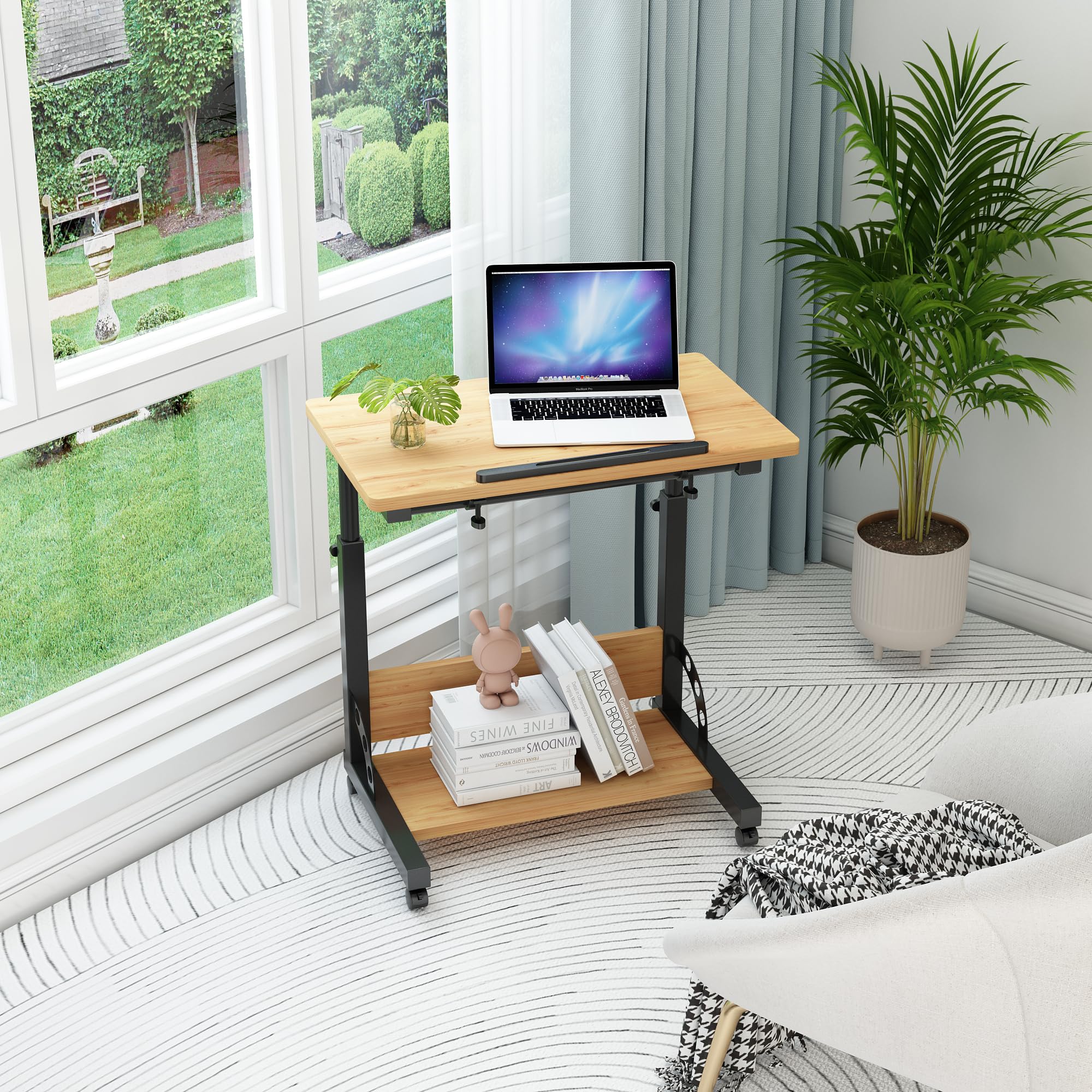 Tiltable Rolling Laptop Stand - Adjustable Height Mobile Standing Desk with Wheels - Portable Side Table for Home Office, Bedroom & Dorm - Perfect for Work, Study & Gaming