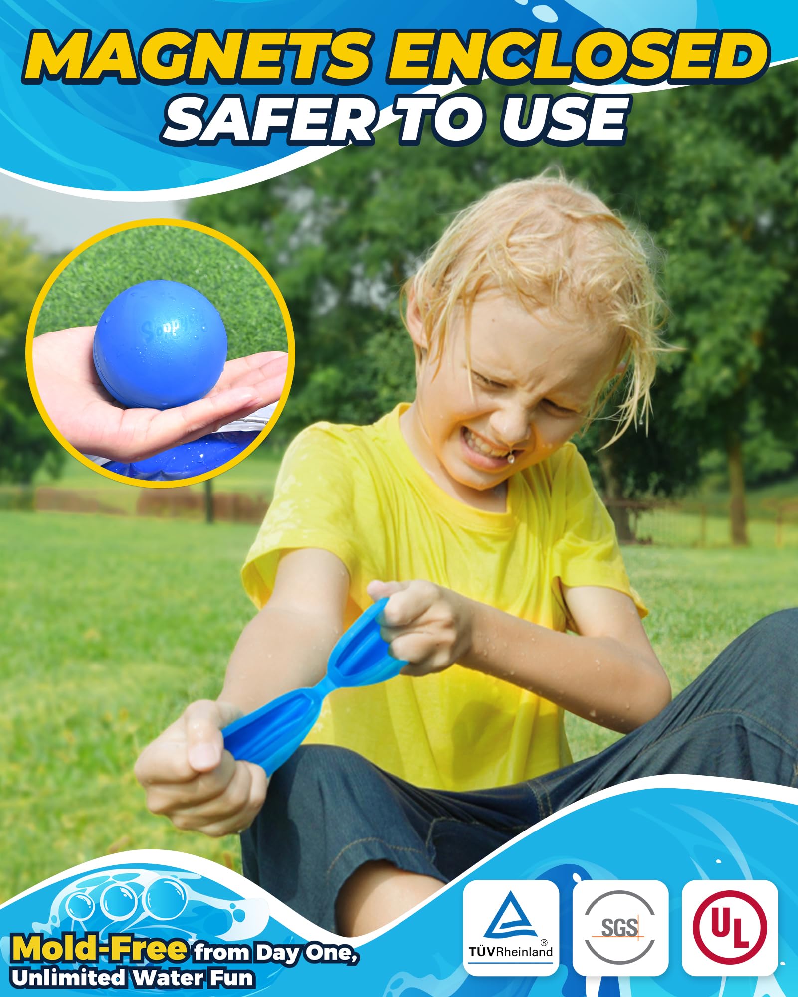 SOPPYCID Reusable Magnetic Water Balloons - 6 Pack Quick Fill Self Sealing Water Bombs for Kids & Adults - Fun Outdoor Summer Toys for Water Polo Fights, Pool Parties, Backyard Games, and Beach Activities - Includes Storage Bag