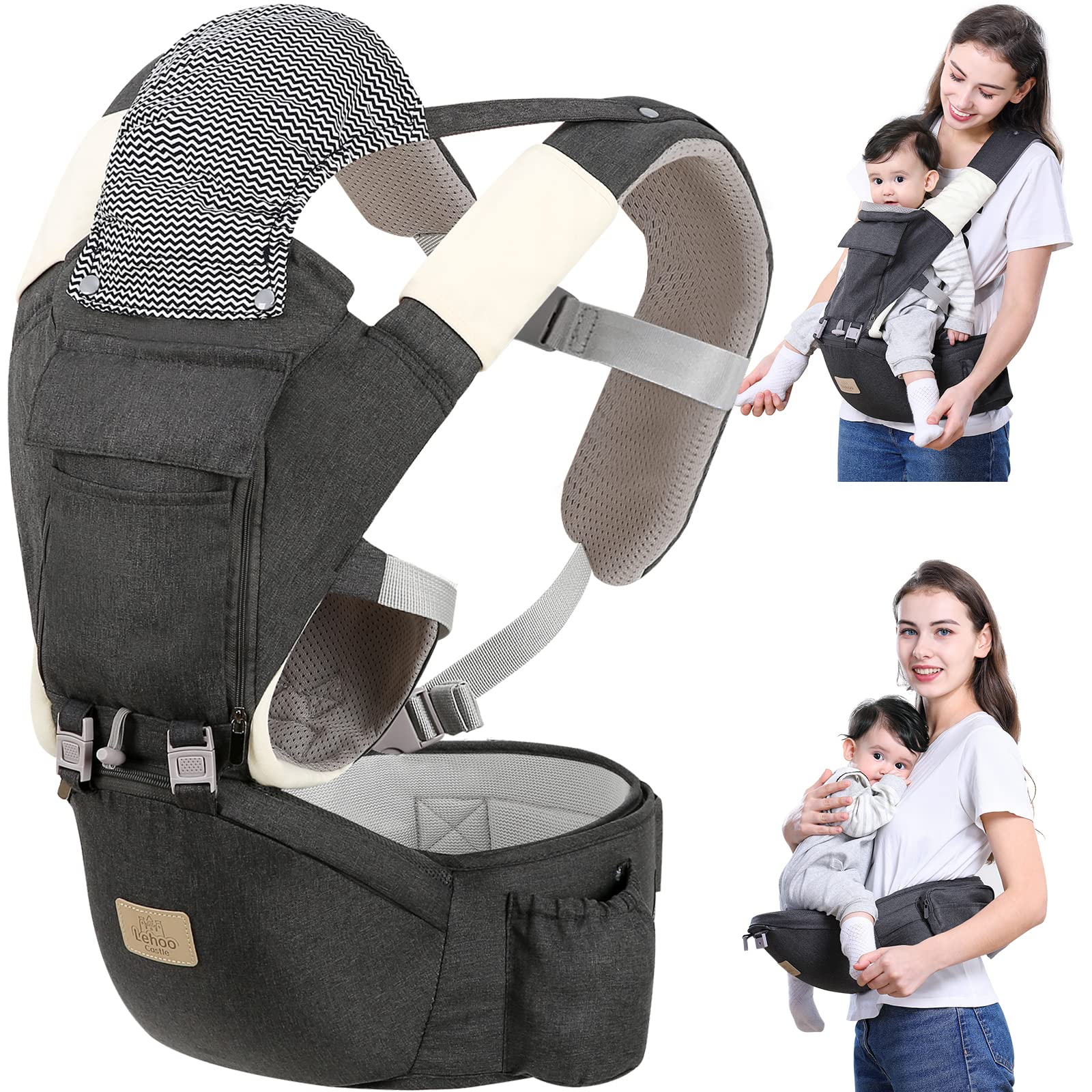 Lehoo Upgraded Baby Carrier with Detachable Hip Seat & Saliva Towel - Ergonomic Support for Newborn to Toddler (Grey) | Perfect for Hands-Free Parenting, Shopping & Outdoor Adventures