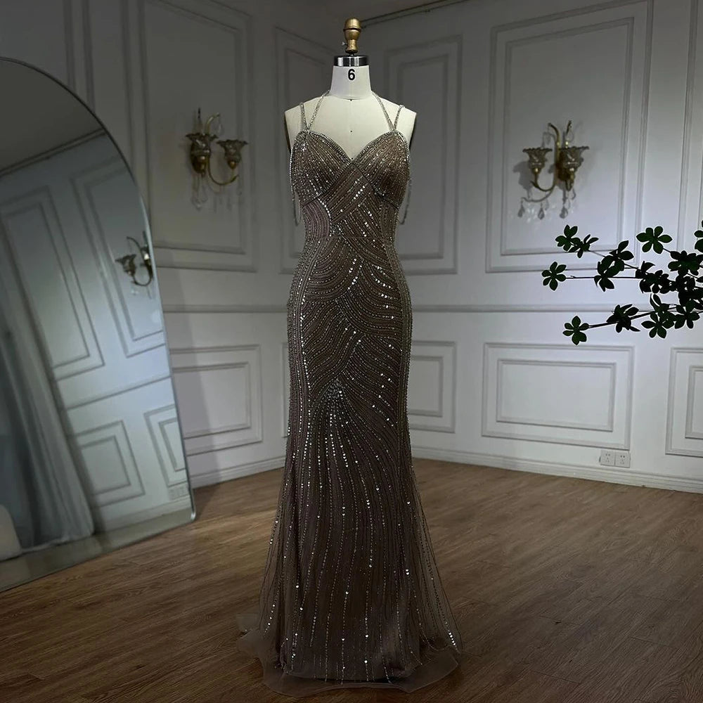 Luxury Beaded Spaghetti Strap Mermaid Evening Dress for Women - Dubai Caramel Bridal Gown for Wedding Party & Special Occasions | Serene Hill LA72501 | Perfect for Red Carpet, Prom & Formal Events