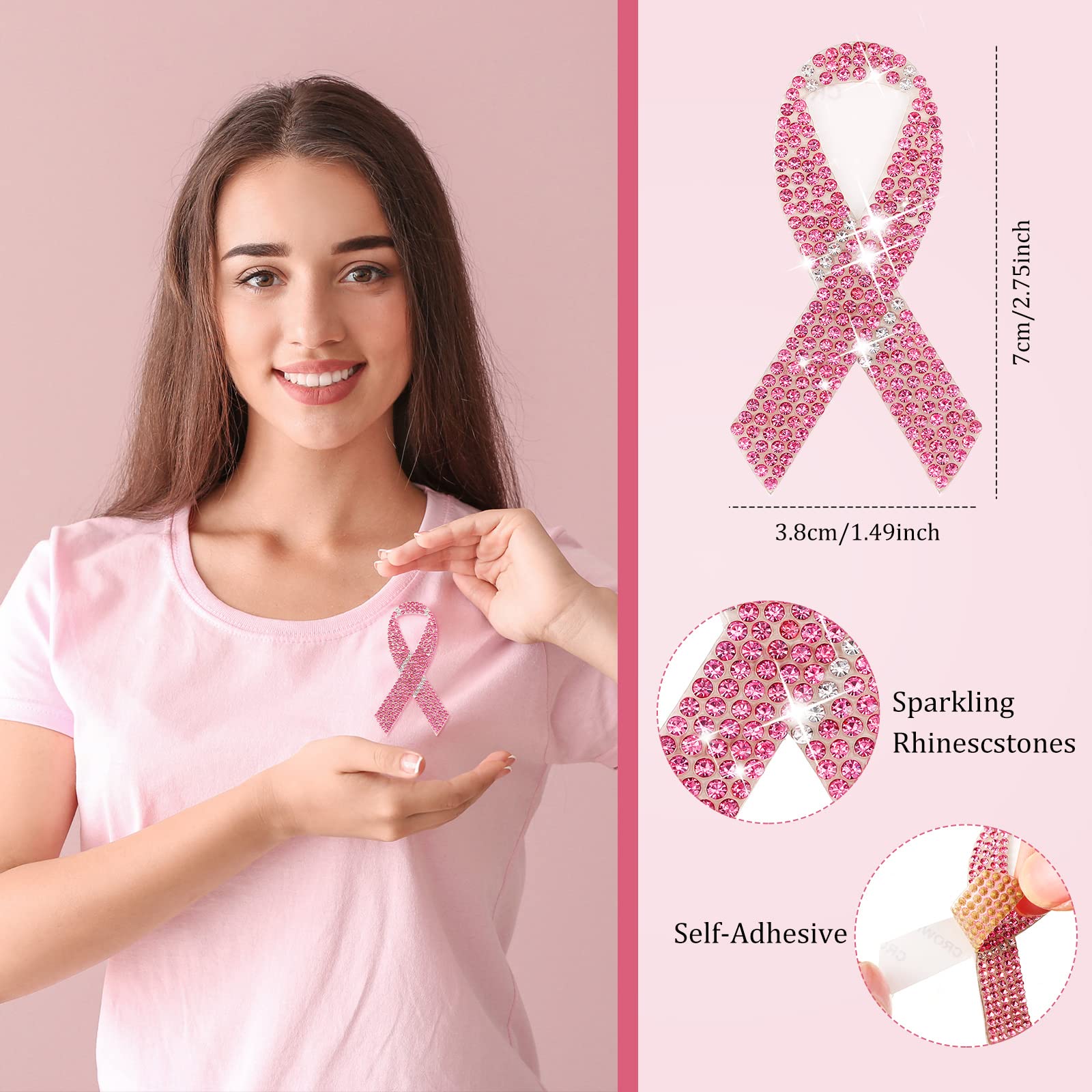 Yilloog 36 Pcs Pink Ribbon Breast Cancer Awareness Iron-On Patches - Self-Adhesive Rhinestone & Embroidered Sew-On Appliques for Clothes, Jeans, Jackets (DIY Craft, Fundraising Events, Survivor Gifts)