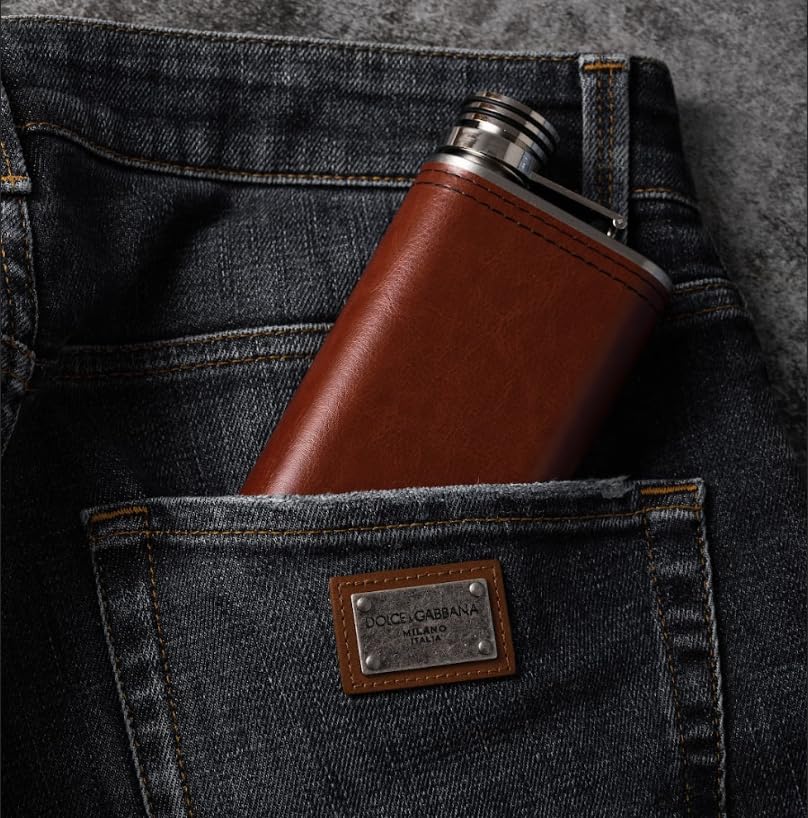 Brown PU Leather 8oz Grip Cap Pocket Flask with Funnel (2-Pack) - Perfect for Bourbon, Whiskey & Outdoor Adventures | Camping, Hiking, Travel & Gifts