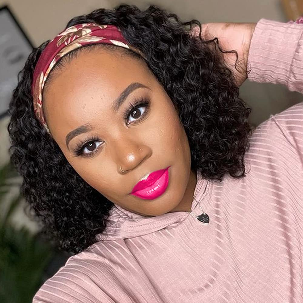 10 Inch Curly Headband Wig - 150% Density Glueless Human Hair Wig with Attached Headband | Brazilian Virgin Hair | No Lace Front | Perfect for Daily Wear, Parties & Cosplay