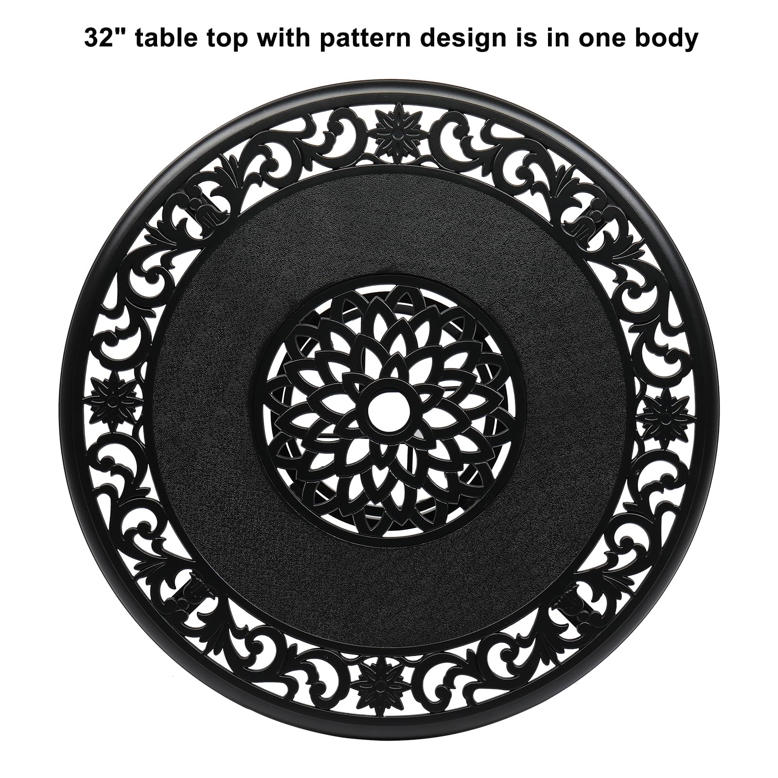 VINGLI 32 Inch Outdoor Patio Table with Umbrella Hole - Heavy Duty Cast Aluminum Round Dining Table for Backyard, Garden, Deck - Weather Resistant Black Bistro Set for Outdoor Entertaining & Relaxation