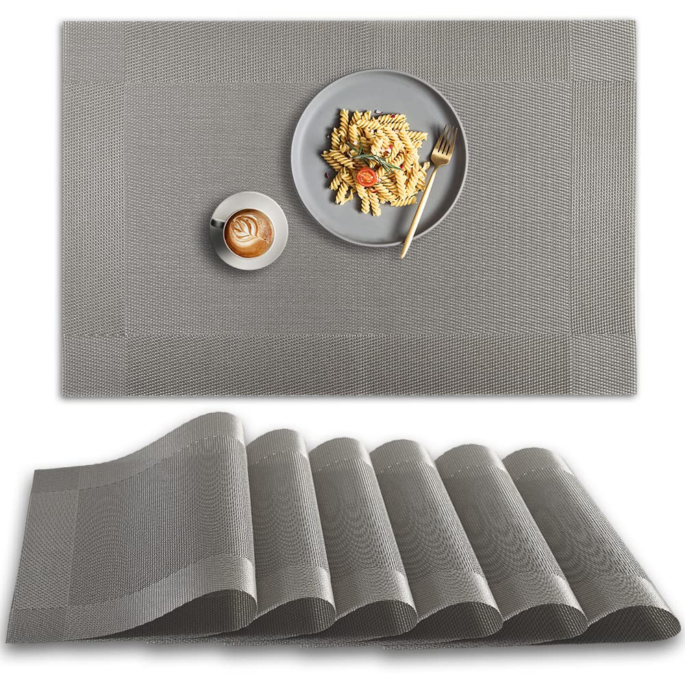 homEdge Non-Slip Heat Resistant PVC Placemats Set of 6 - Washable Vinyl Table Mats in Silver/Gray for Dining Room, Kitchen & Outdoor Use