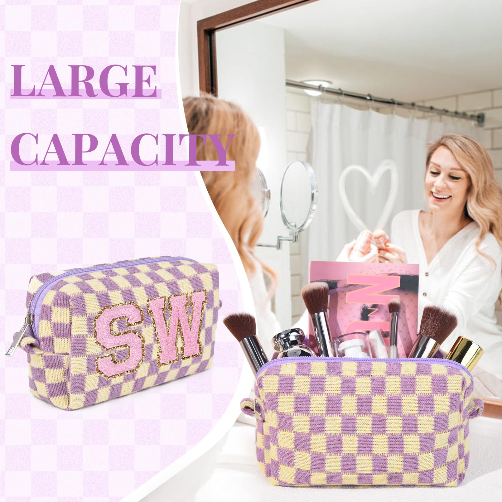 6-Piece Preppy Makeup Bag Set - Bulk Checkered Cosmetic Pouches in Purple | Personalized Travel Toiletry Organizer | Cute DIY Makeup Brushes Storage for Women | Perfect for Travel, Gifts & Daily Beauty Organization