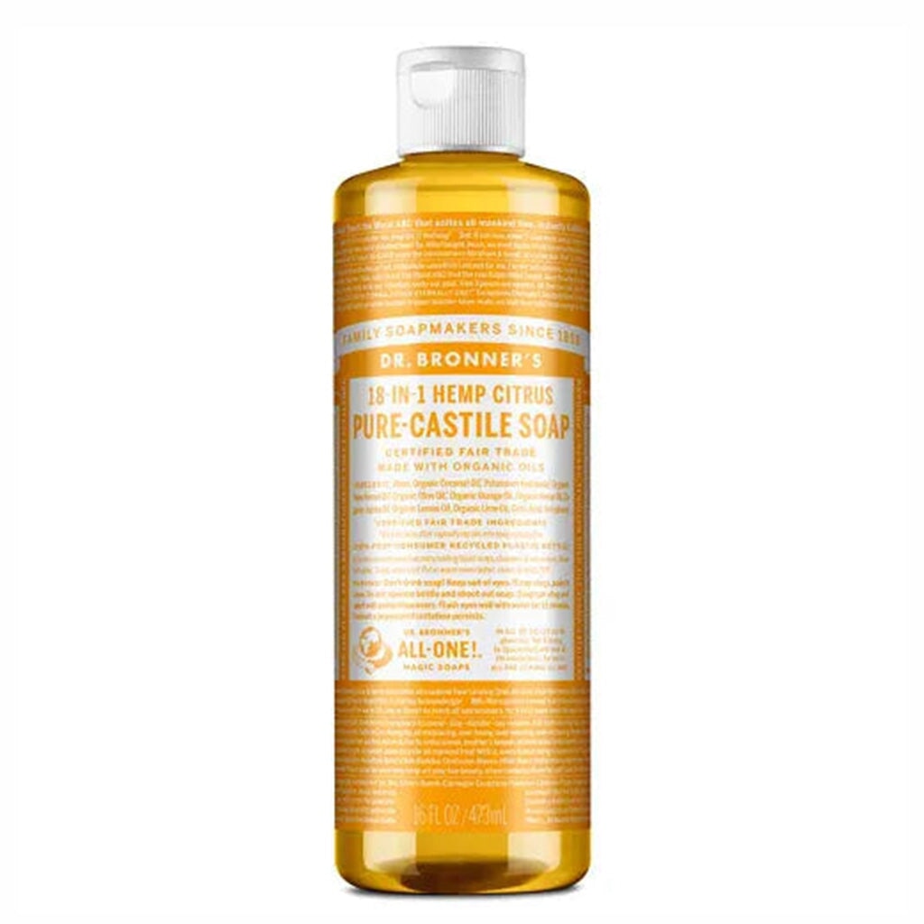 Dr. Bronner's Pure-Castile Liquid Soap - Organic Citrus, 18-in-1 Uses: Body Wash, Face Cleanser, Shampoo, Household Cleaner & More (16 fl oz) - Perfect for Travel, Camping & Eco-Friendly Home Use