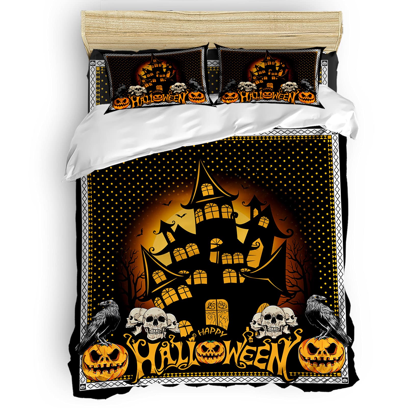 Millxiu 4-Piece Twin Bedding Set - Haunted House Raven Skulls & Wicked Pumpkins Duvet Cover with Sheet & Pillowcases | Gothic Halloween Decor for Teens, Girls, Boys & Adults | Perfect for Scary Movie Nights & Spooky Bedroom Themes