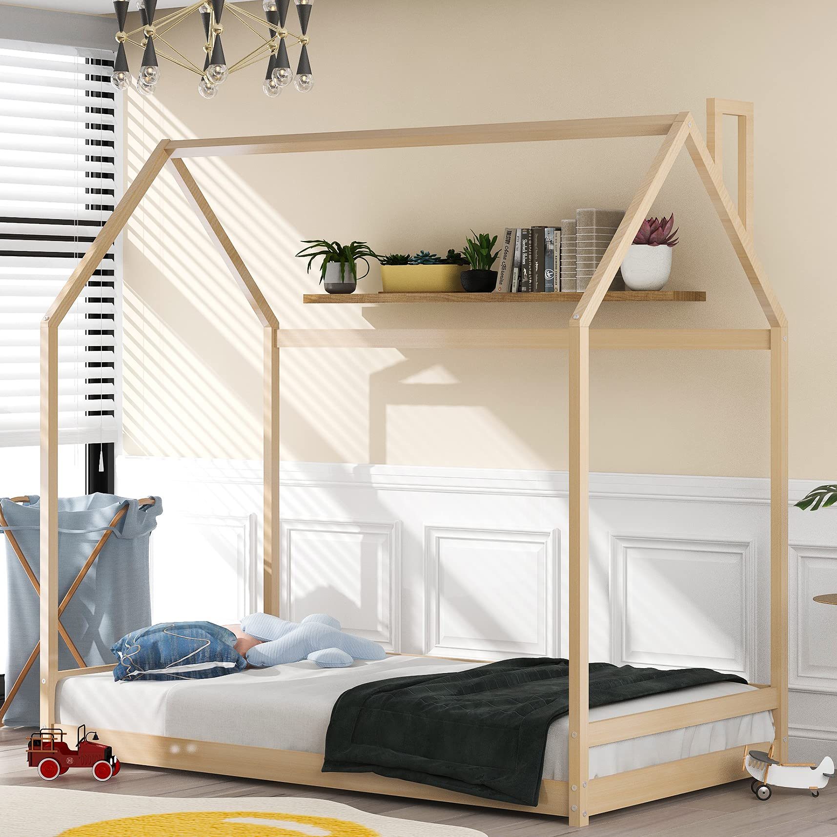 Full Size House Bed Frame with Roof - Sturdy Wooden Loft Bed for Kids & Teens, No Box Spring Needed - Perfect for Bedroom, Playroom, and Cozy Reading Nook