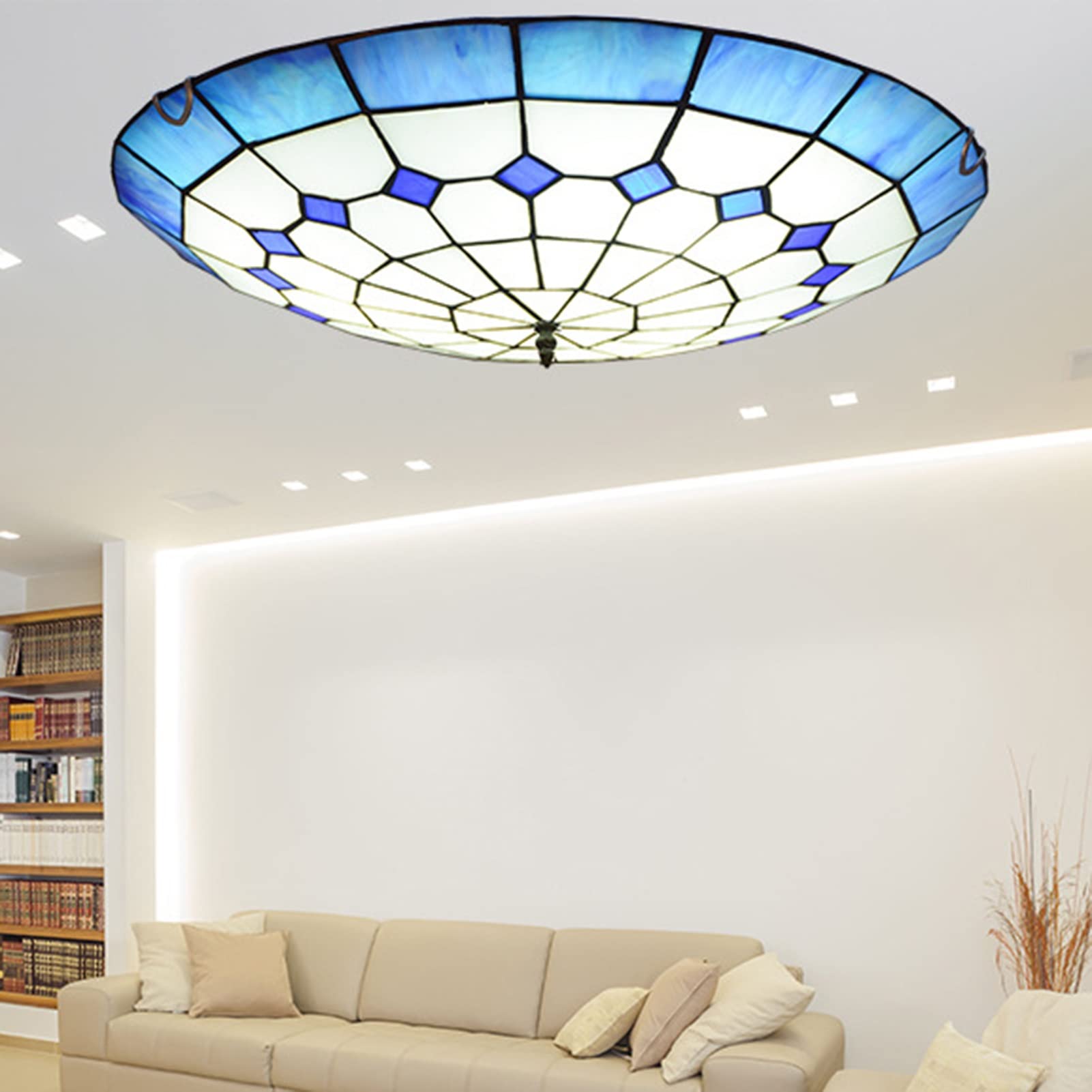 BIAJIAZHUA Tiffany Ceiling Lamp - 12 Inch Mediterranean Stained Glass Handmade Chandelier, Adjustable Color Temperature Dining Room & Living Room Lighting Fixture, Artistic Home Decor (Blue) - Perfect for Dining Areas, Bedrooms, and Vintage Style Interiors