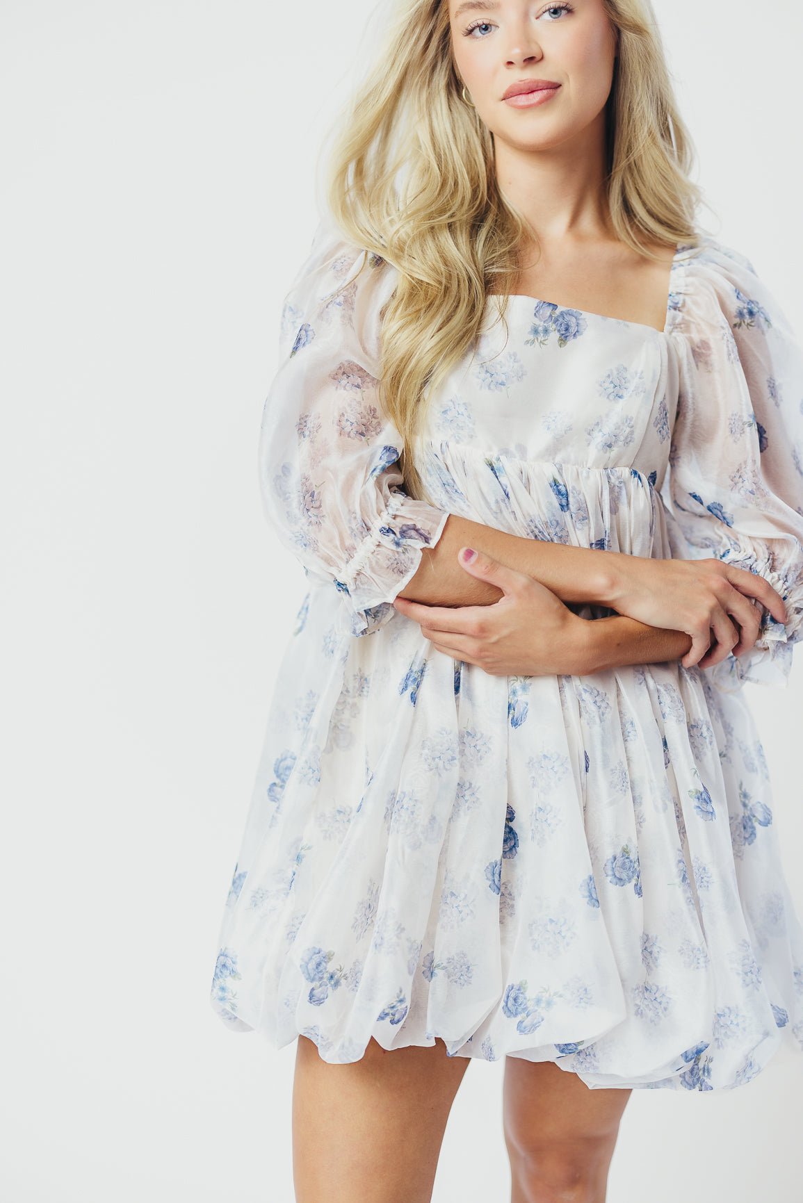 Chase Bubble Hem Mini Dress - White & Periwinkle Floral Summer Dress for Women, Perfect for Beach Vacations, Brunch Dates & Cocktail Parties