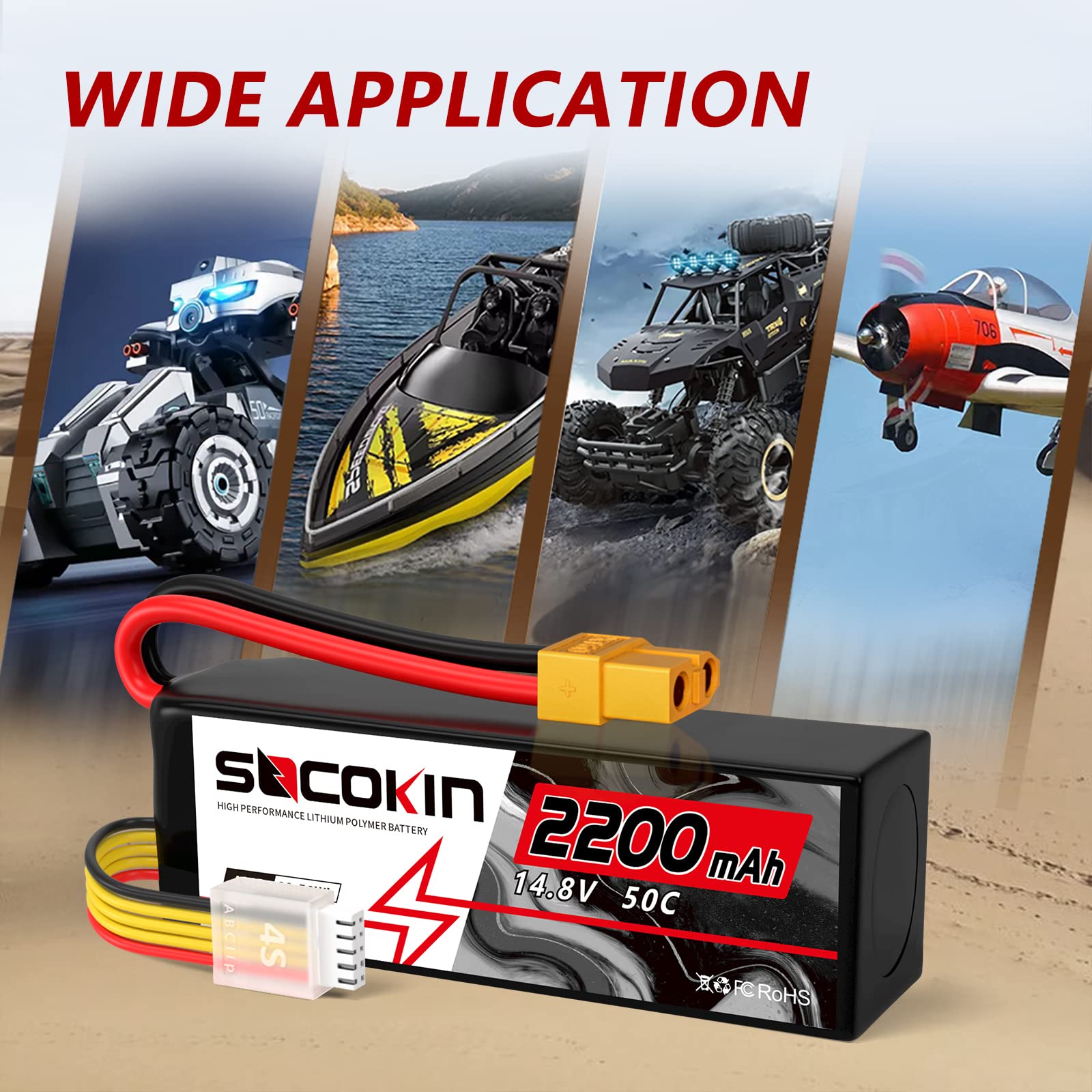 4S Lipo Battery 2200mAh 14.8V 50C with XT60 Plug - High Performance RC Battery for Drones, Airplanes, Cars & Boats (2 Pack) - Perfect for FPV Racing, Aerial Photography and RC Hobbyists