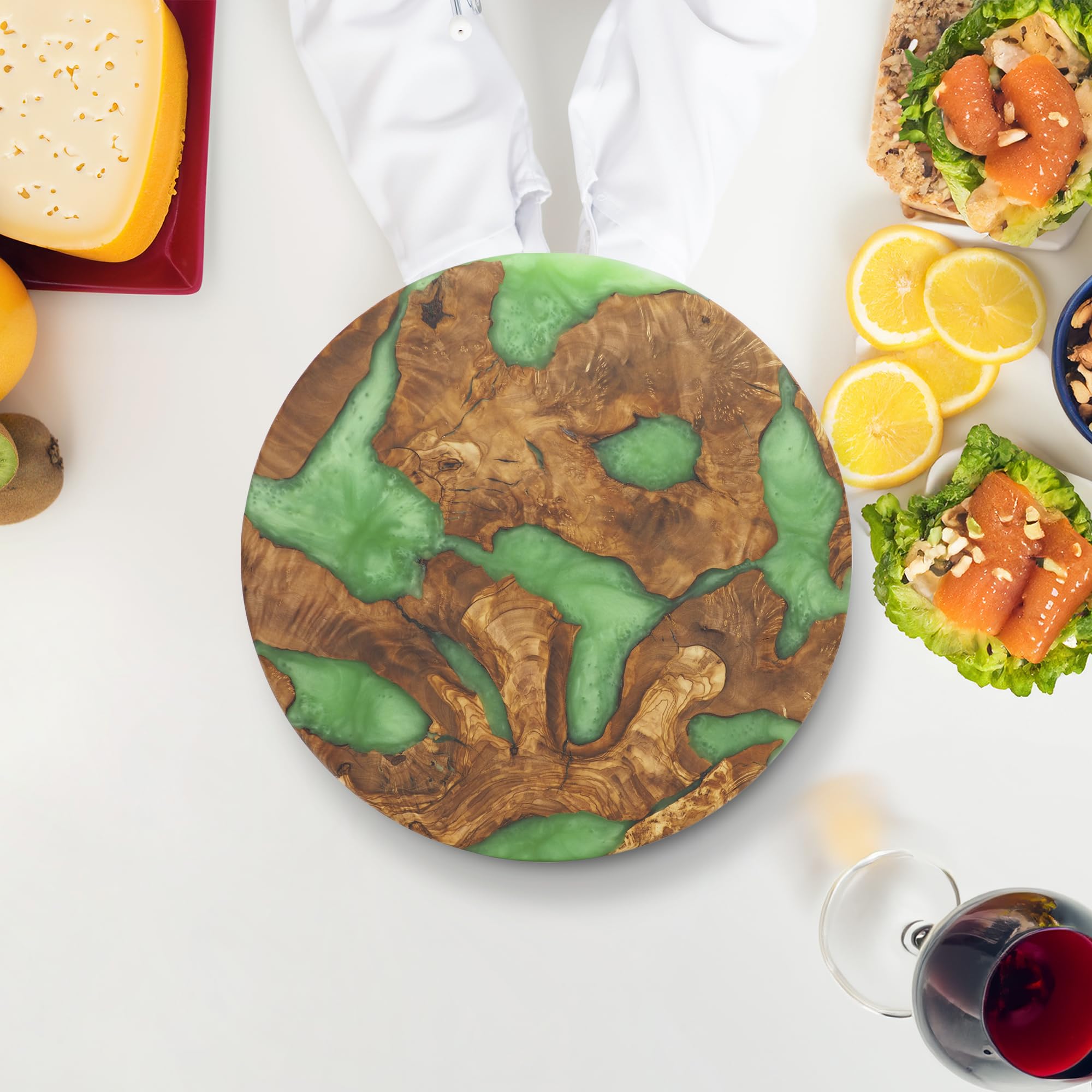 Handmade Epoxy Resin Cutting Board & Charcuterie Serving Tray - Premium Olive Wood Cheese Board with Green Resin for Kitchen, Entertaining, Housewarming Gifts - Perfect for Serving Cheese, Fruits, Meats at Parties, Dinner Tables & Holiday Gatherings
