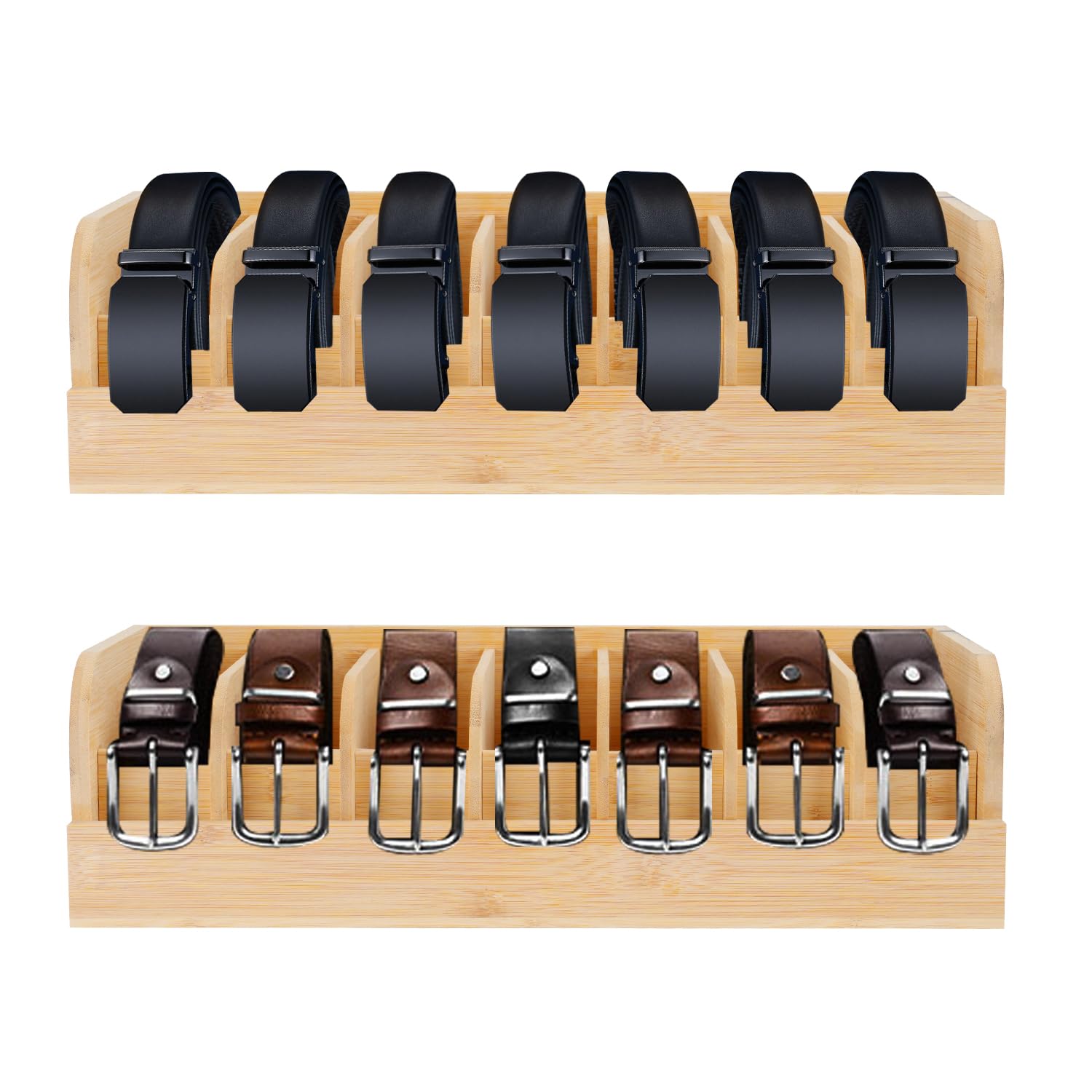 GTI Belt Organizer - 2 Pack Bamboo Tie & Belt Storage Case with 7 Compartments - Closet & Drawer Organizer for Men & Women (Wood Color) - Perfect for Home, Office & Travel Accessory Organization