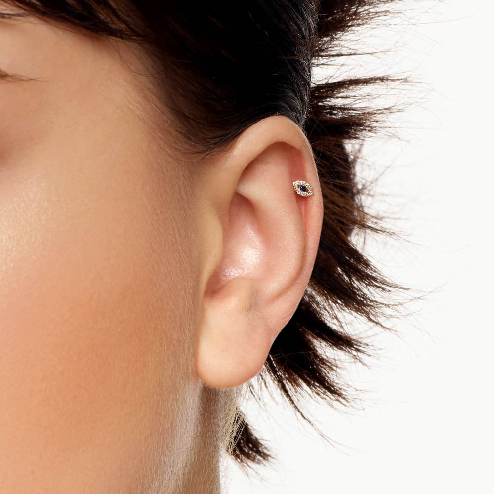 10k Gold Diamond Evil Eye Helix Single Stud Earring - Stylish Protection Jewelry for Everyday Wear & Special Occasions
