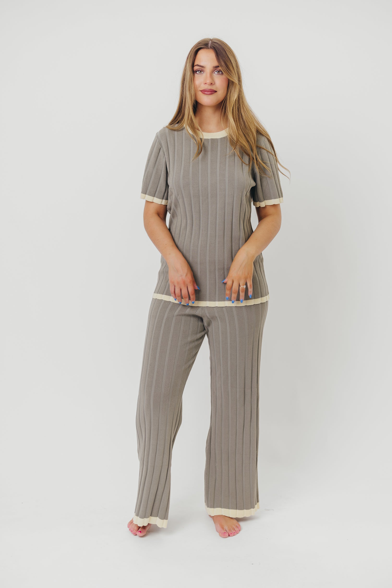 Adele Ribbed Knit Top and Pants Set in Dusty Olive | Women's Casual Outfit for Fall & Winter | Perfect for Work, Travel, and Everyday Wear