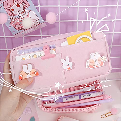 Cute Large Canvas Pencil Case for School & Travel - Kawaii Stationery Organizer, Makeup Pouch, Girls Kids Gift with Badge (Pink) - Perfect for School Supplies, Art Storage & Travel Essentials