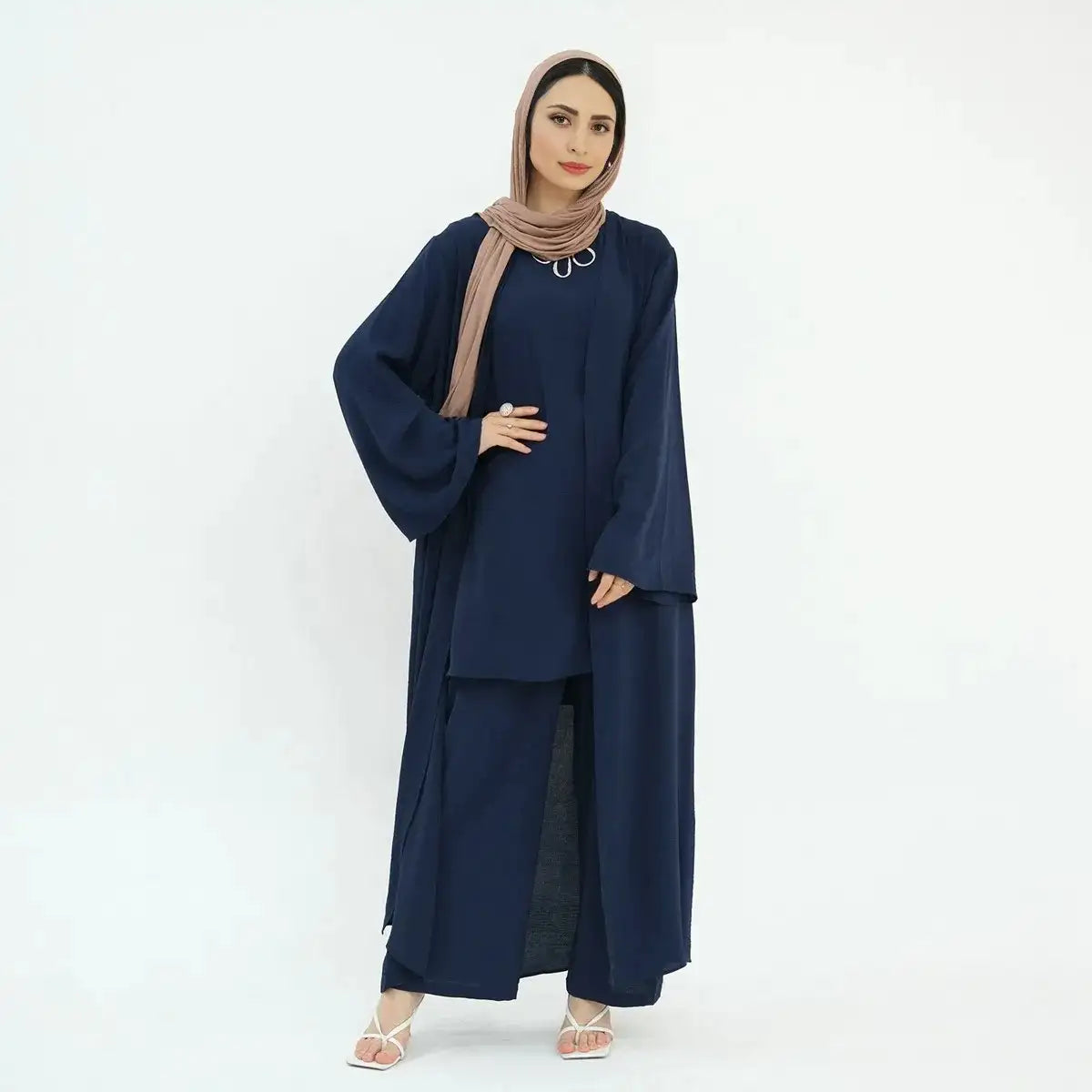 3-Piece Sleeveless Top & Pant Suit with Open Abaya Dress for Muslim Women - Modest Islamic Fashion for Prayer, Eid, Wedding & Special Occasions
