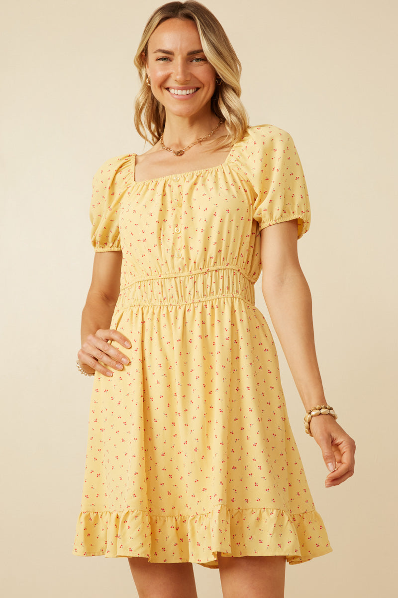 Women's Floral Print Square Neck Puff Sleeve Dress with Button Details - Casual Summer Dress for Beach, Party & Date Night