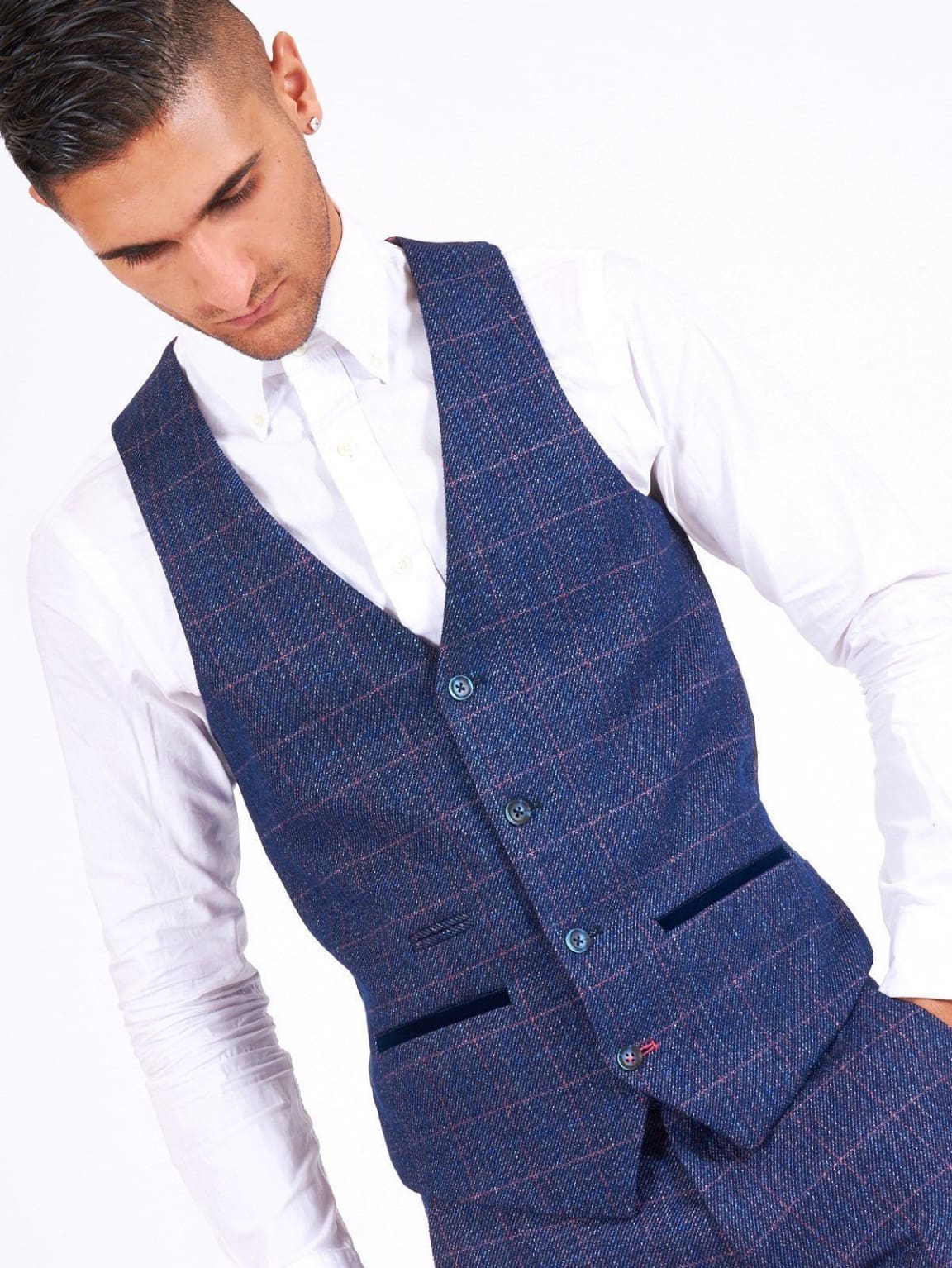 Marc Darcy Harry Men's Indigo Blue Tweed Check Suit - Premium Wool Blend Formal Business Suit for Weddings, Office & Special Occasions
