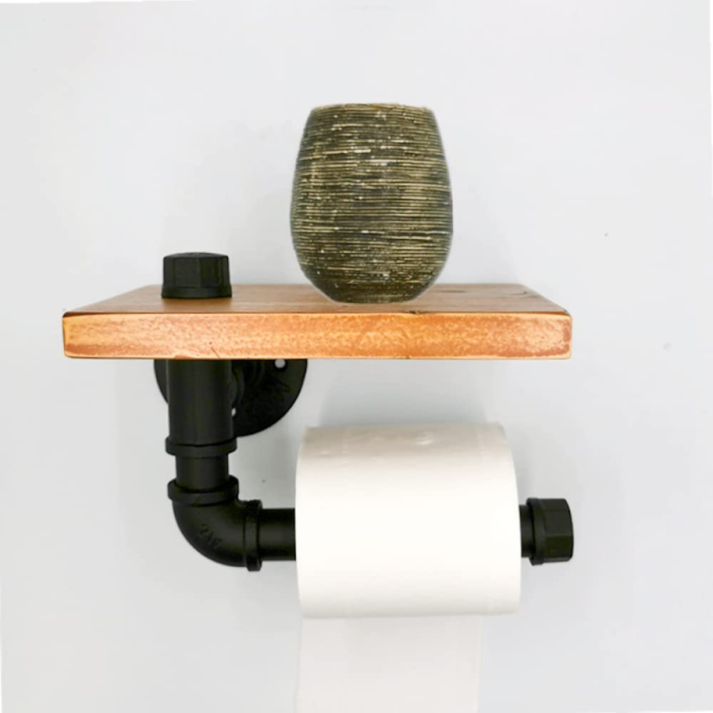 Vintage Industrial Iron Toilet Paper Holder with Wooden Shelf - Rustic Bathroom Storage Organizer for TP Rolls & Towels - Perfect for Home, Hotel & Restaurant Decor