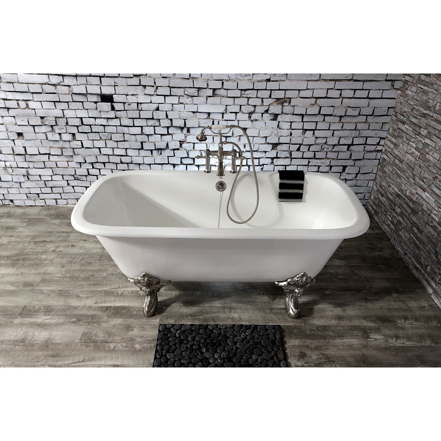 Aqua Eden 67 Inch White Cast Iron Clawfoot Bathtub with Brushed Nickel Finish - Double Ended Rectangular Freestanding Tub (7 Inch Faucet Drillings) for Luxury Bathroom & Spa Relaxation