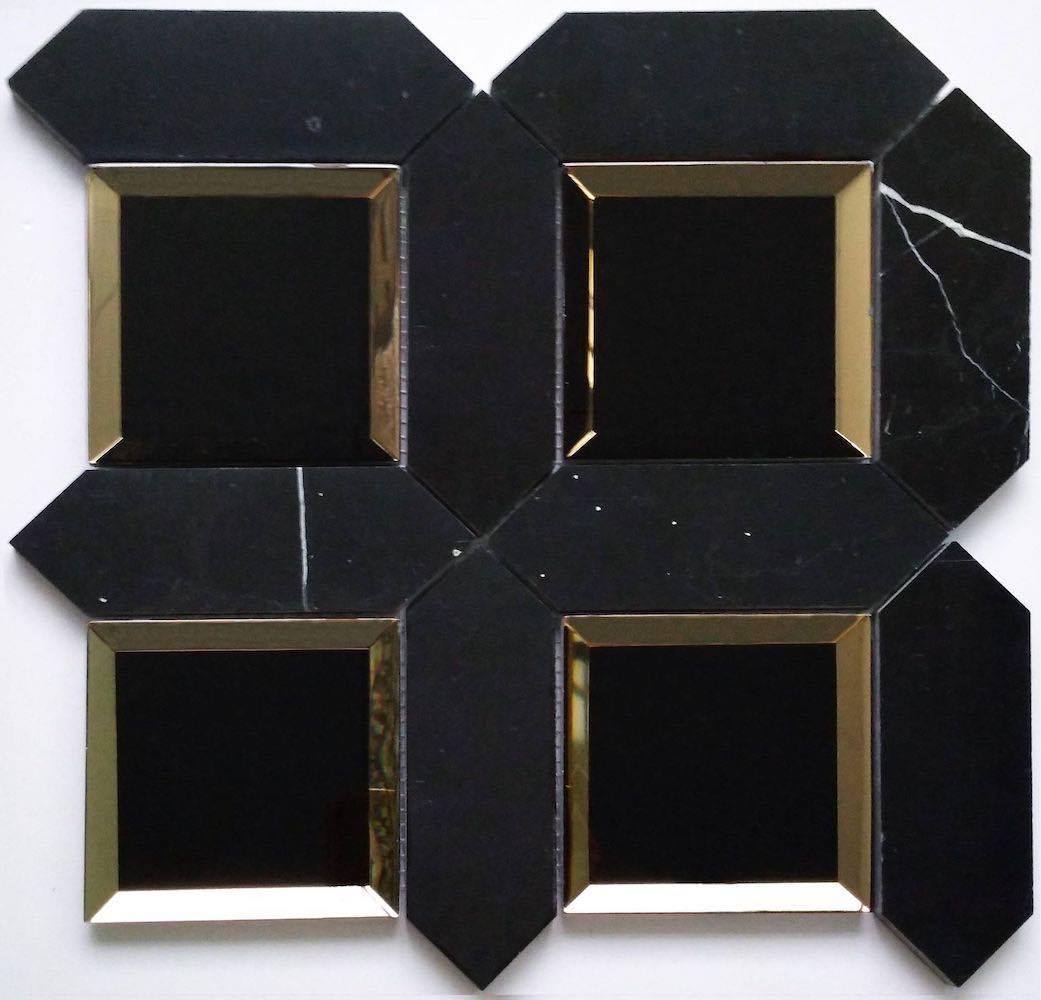 Black Waterjet Mosaic Tile - Mirror and Stone Design for Bathroom Backsplash, Kitchen Wall, and Shower Decor