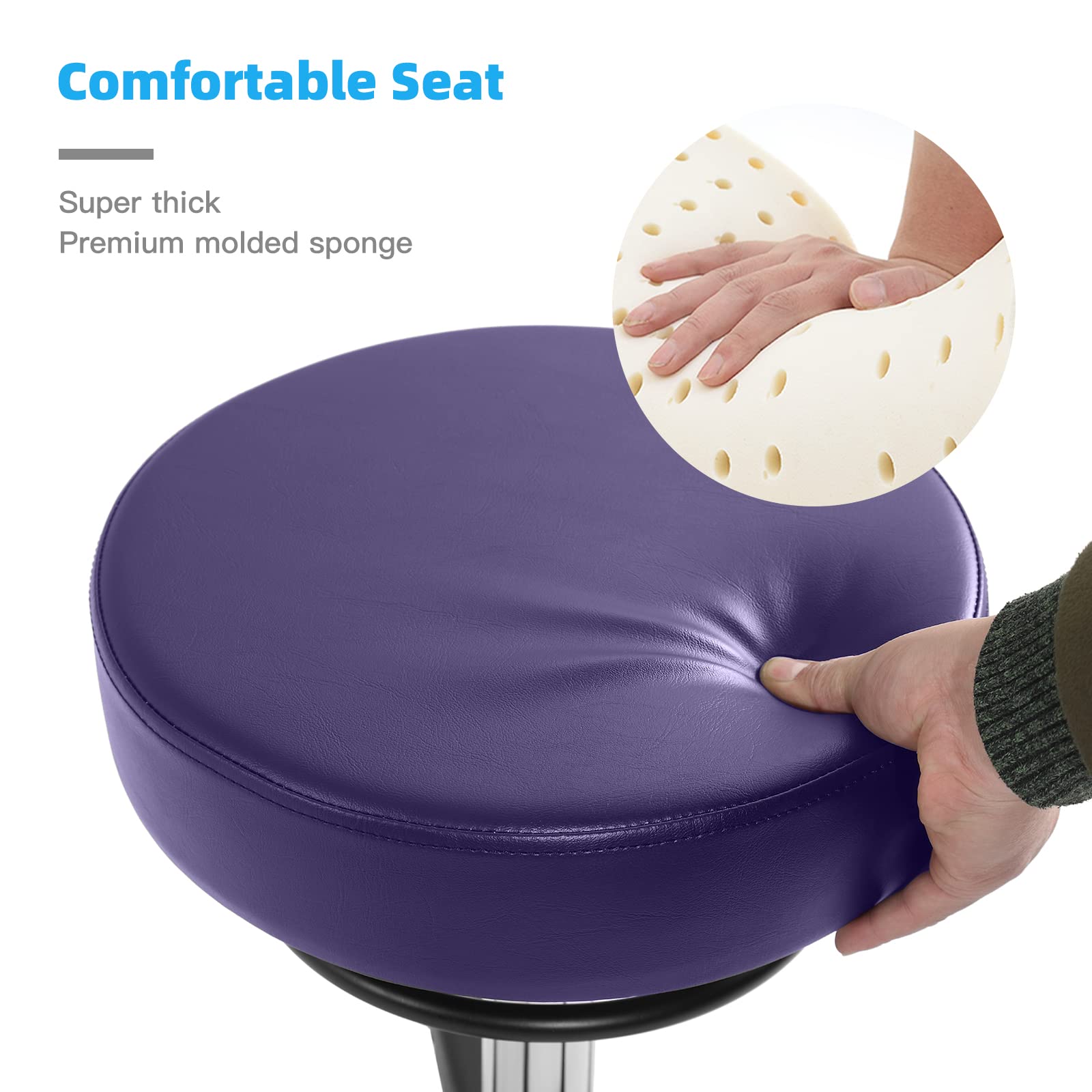 Heavy Duty Rolling Stool with Wheels - 400lbs Weight Capacity, Adjustable Swivel Chair for Tattoo, Massage, Salon, Spa, Drafting & Nail Tech - 360° Rotation, Leather Upholstery, Thick Padded Seat (Purple) - Perfect for Professional Studios, Home Office & Beauty Services
