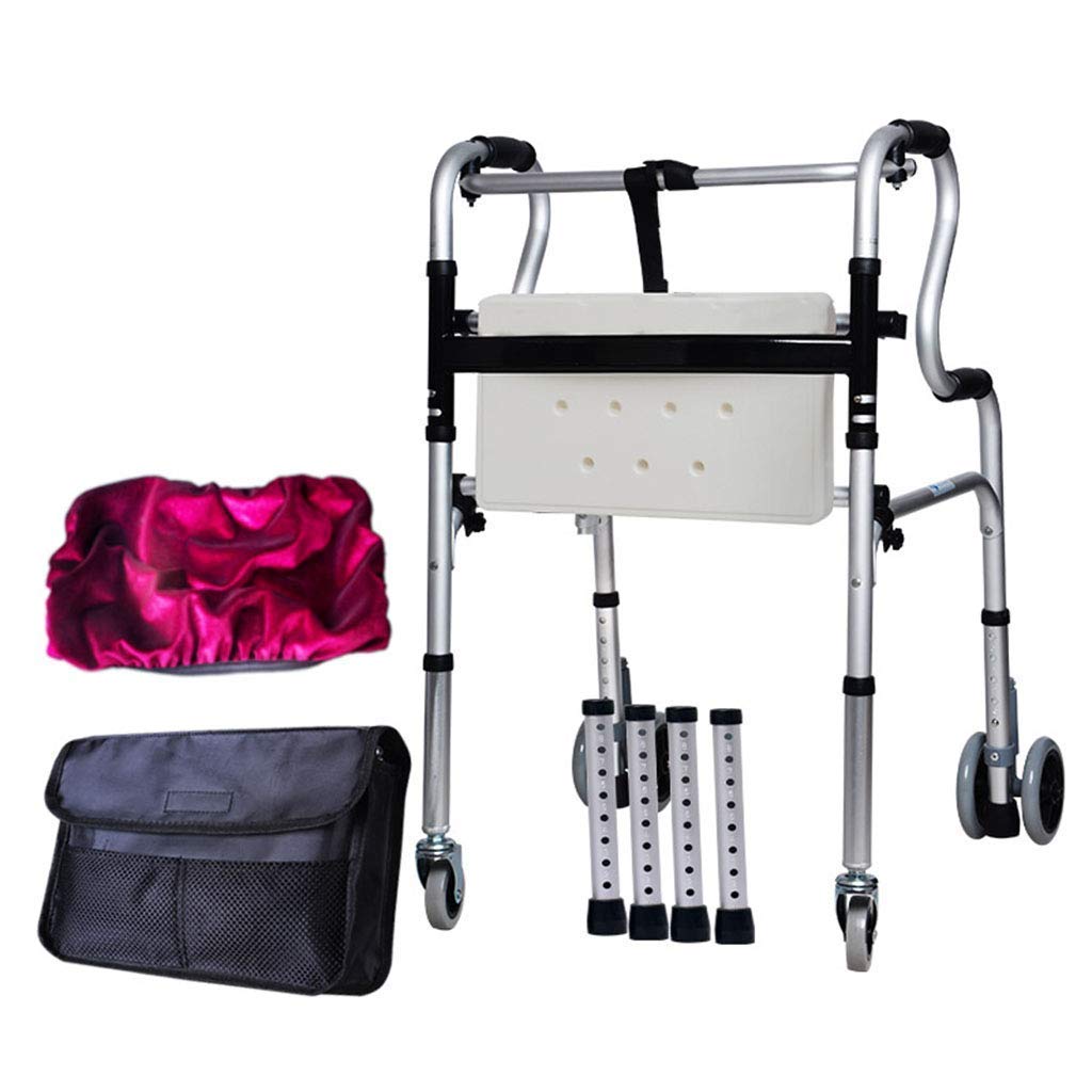Lightweight Folding Walker with Wheels & Seat - Non-Slip Standing Rehabilitation Aid for Seniors - Adjustable Handrail Cane Frame with Storage Bag - Ideal for Home Mobility, Elderly Support & Post-Surgery Recovery