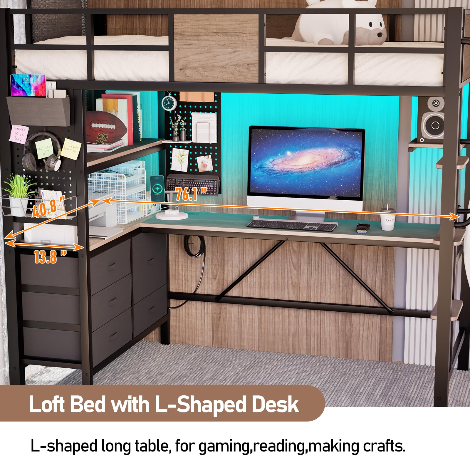 Twin Size Loft Bunk Bed with Built-in Desk, RGB LED Lights & Charging Station - Underbed Study Space with Drawer Cabinets & Pegboards - 400lbs Weight Capacity in Oak Gray - Perfect for Small Bedrooms, Dorm Rooms & Home Offices