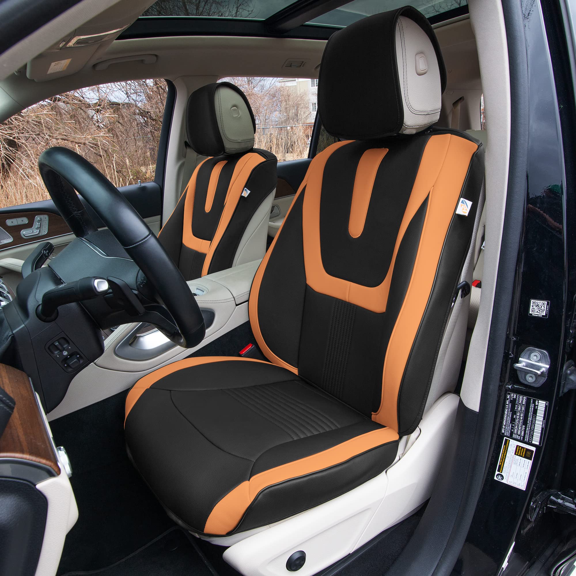Premium TLH Hybrid70 Deluxe Faux Leather Brown Car Seat Covers Set - Modern Pattern, Universal Fit for Cars, Trucks & SUVs (2-Pack) | Waterproof Seat Protector Cushion | Perfect for Daily Commute, Road Trips & Family Travel