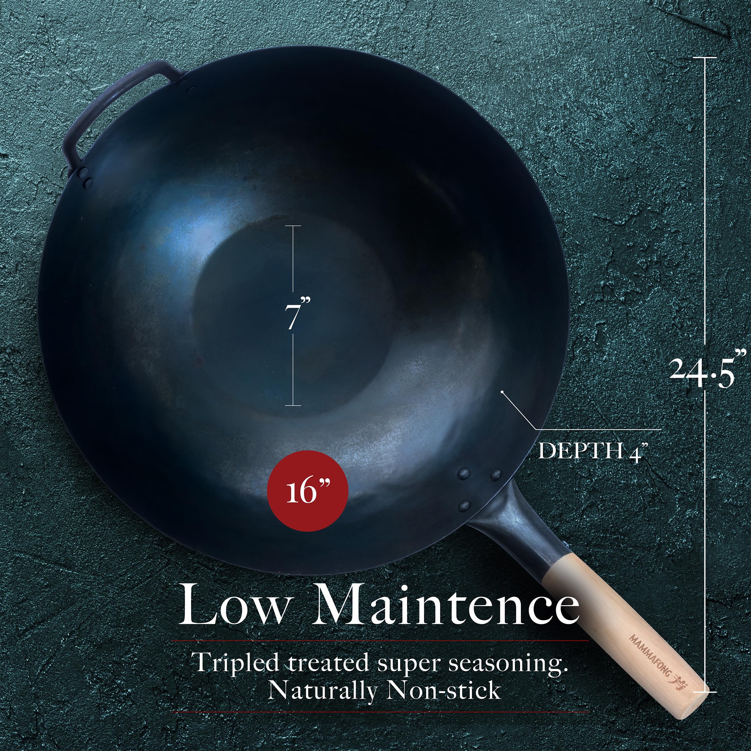 16-Inch Traditional Carbon Steel Wok Pan - Large Flat Bottom Hand Hammered Stir Fry Pan - Chemical-Free Authentic Chinese Wok for Professional Cooking & Home Kitchen Use
