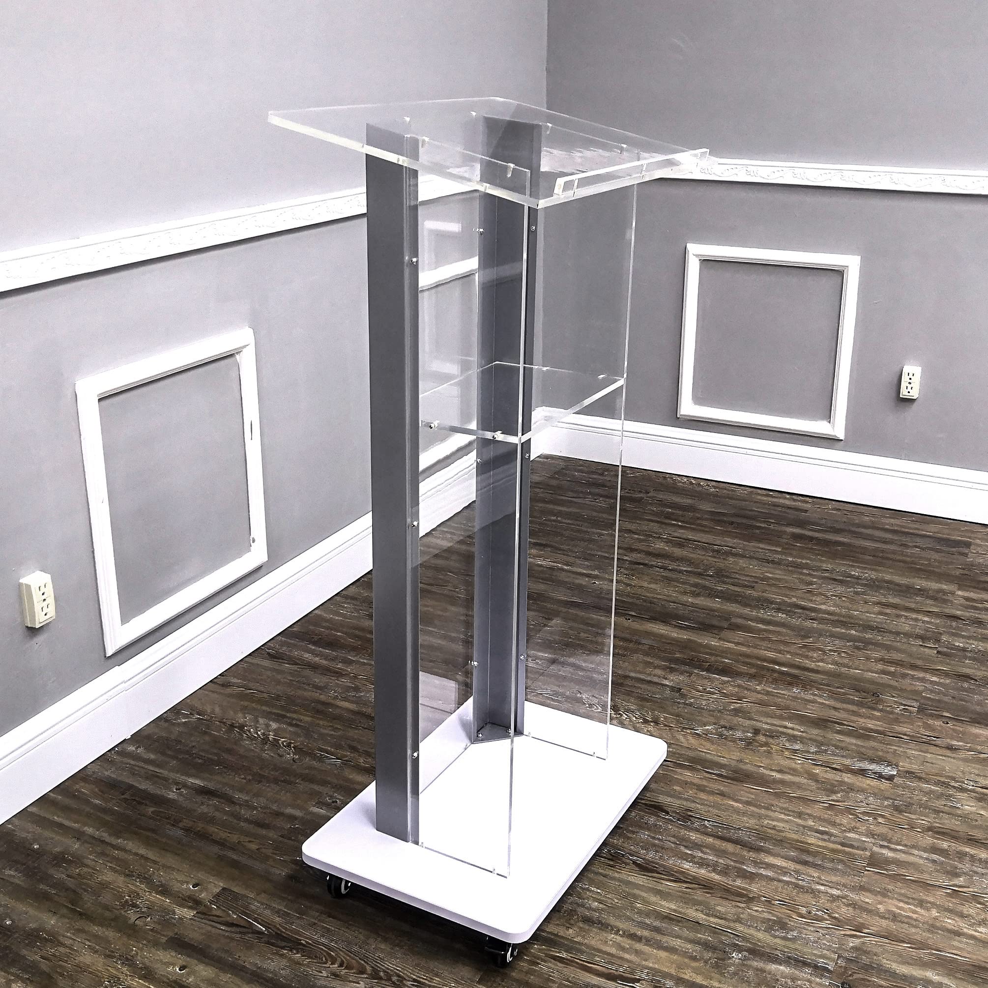 FixtureDisplays® Clear Acrylic Plexiglass Podium with Steel Sides - Church Pulpit, School Lectern, Debate Stand, Funeral Home & Conference Speaker Platform (Model 14306) - Perfect for Religious Services, Academic Presentations & Professional Events