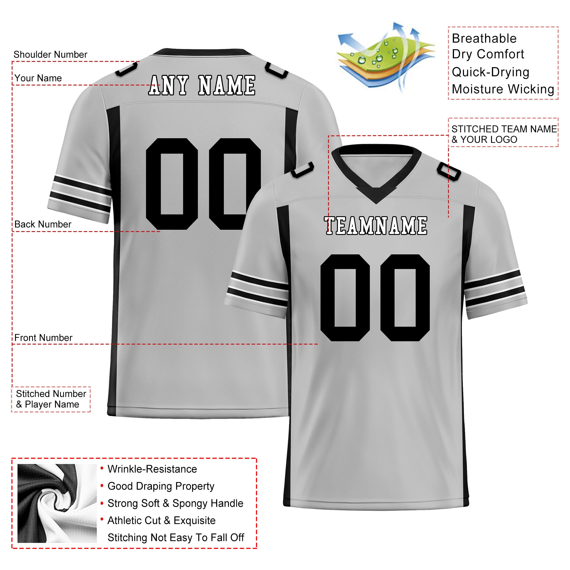 Custom Gray & Black Striped Sleeves Personalized Authentic Football Jersey FBJ02 D06055 - Perfect for Game Day, Team Sports & Fan Apparel