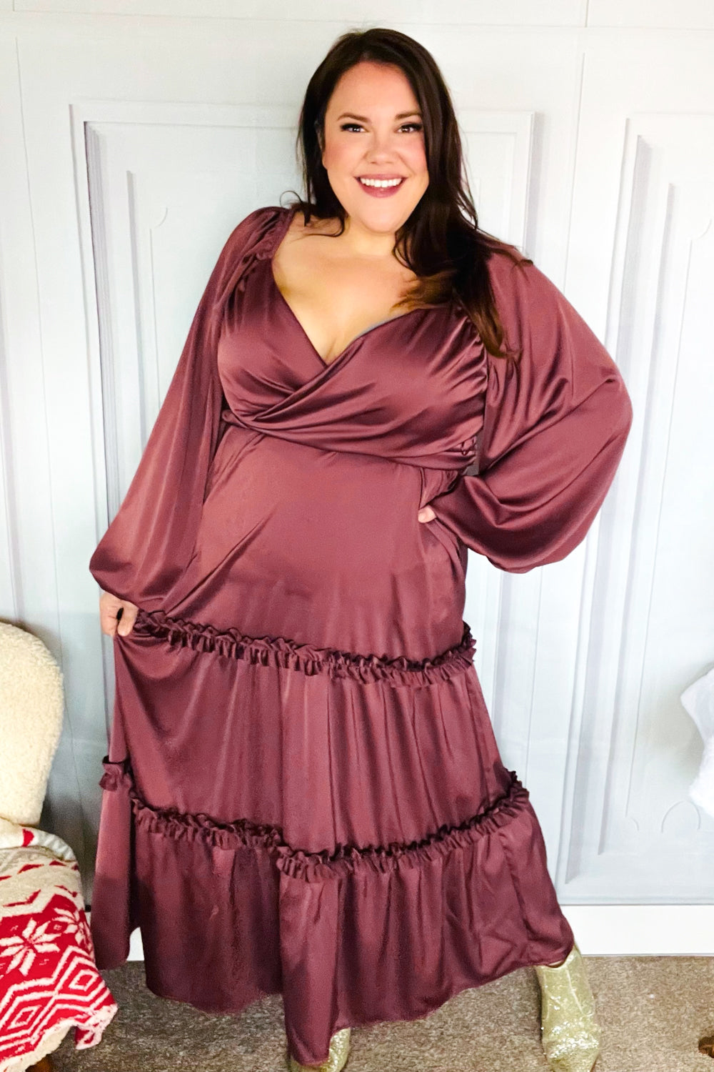 Holiday Vibes Wine Satin Front Overlap Smocked Back Maxi Dress for Women - Elegant Party Gown for Christmas, New Year & Special Occasions