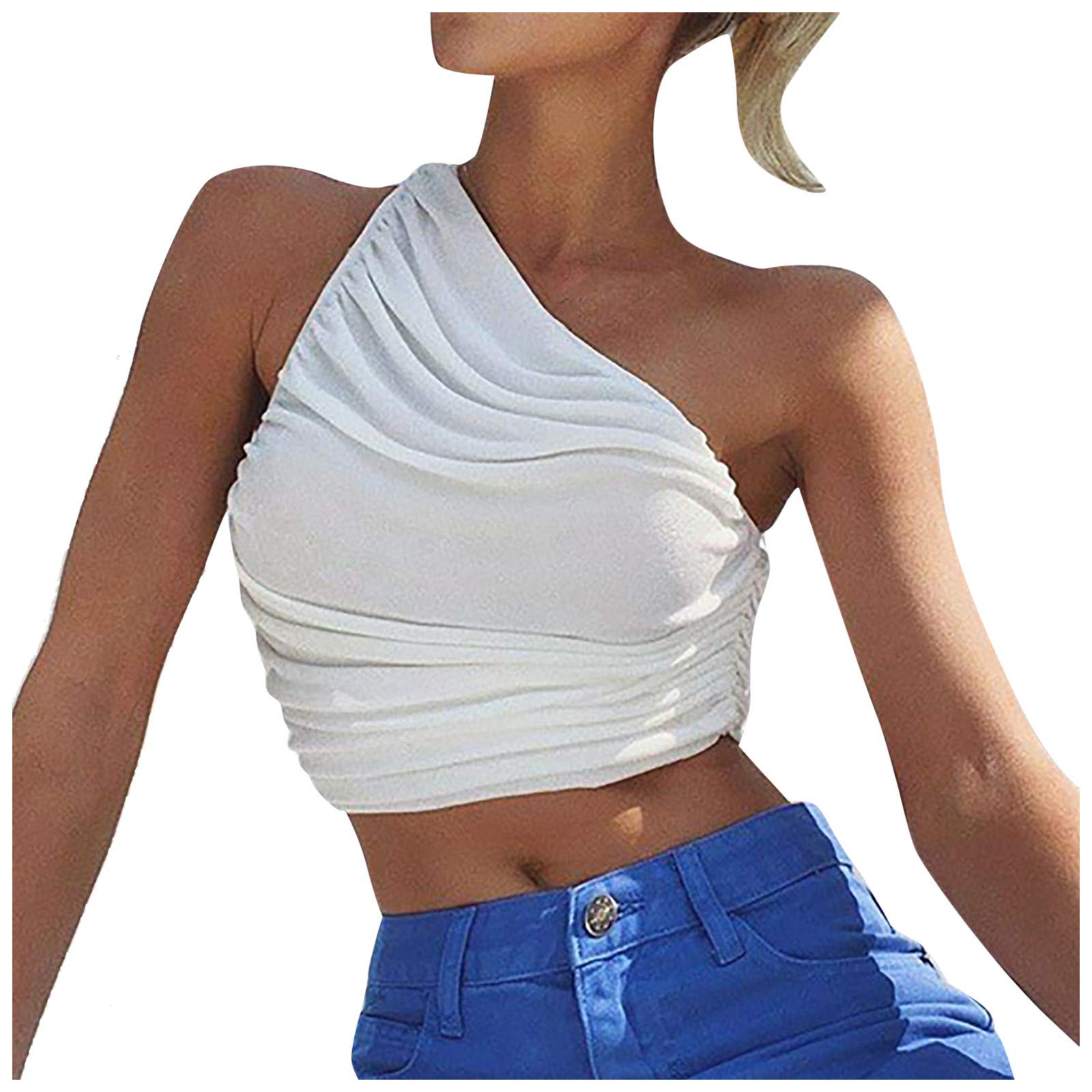 Sexy Strapless Pleated Vest Tops for Women - Sleeveless Slanted Shoulder Casual Blouse for Summer, Parties & Date Nights