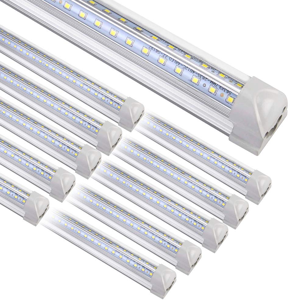 8FT LED Shop Light Fixture - 10 Pack White T8 Integrated Tube Lights, 72W 9500LM 6500K High Output with Clear Cover, V-Shape 270° Lighting for Garage, Warehouse & Workshop - Plug & Play Upgrade - Perfect for Industrial Spaces, Retail Stores and Home Garages