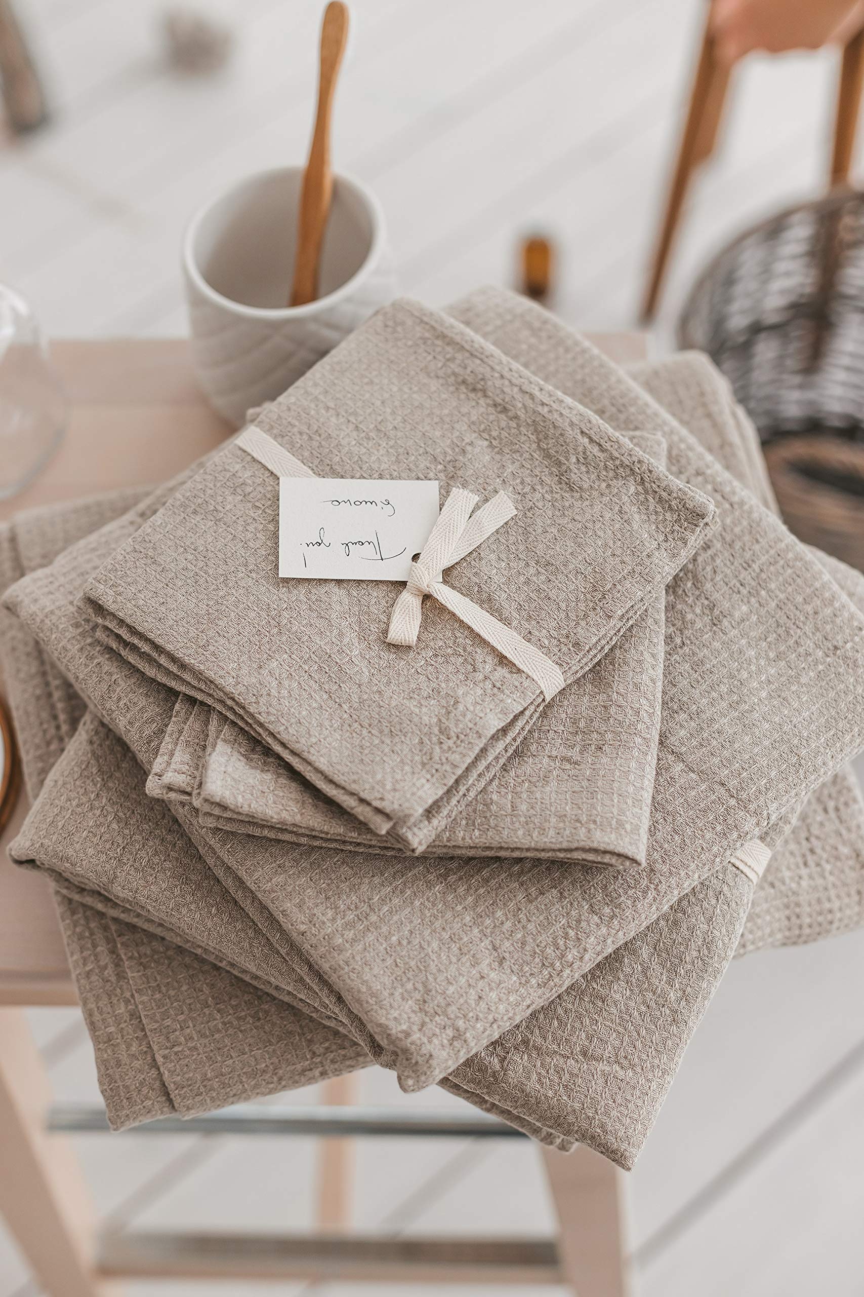 4-Piece 100% Linen Towel Set - 2 Bath Towels & 2 Hand Towels | Natural Waffle Weave, Pre-Washed, Quick-Drying & Ultra Absorbent | Eco-Friendly Bathroom Towels for Spa, Beach & Luxury Home Use