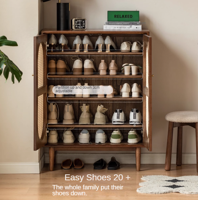 Solid Oak Wood Wall Mounted Shoe Rack with Rattan Doors - Space Saving Entryway Storage for Shoes, Hats & Accessories - Perfect for Hallway, Mudroom or Bedroom Organization