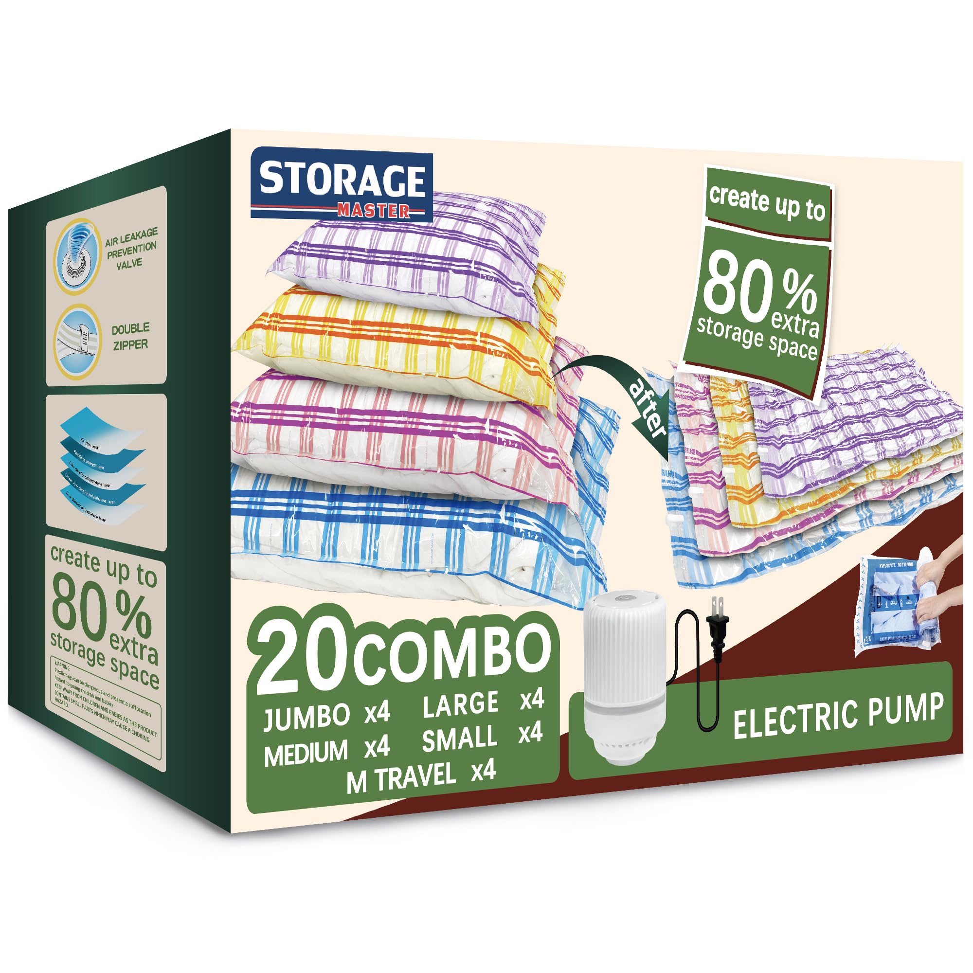 Vacuum Storage Bags with Electric Pump - 20 Pack Space Saver Bags for Clothes, Comforters & Blankets | Portable Vacuum Seal Bags for Travel, Moving & Seasonal Storage | Compact Storage Solution for Bedding & Wardrobe Organization