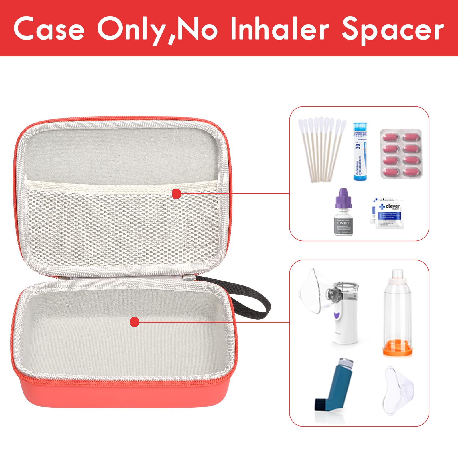 **Fukumi Hard Travel Case for Asthma Inhaler & Spacer - Portable Storage Organizer for Kids & Adults - Holds Masks, Medicine & Accessories with Mesh Pocket - Ideal for Travel, School & Daily Use - Red (Case Only)**