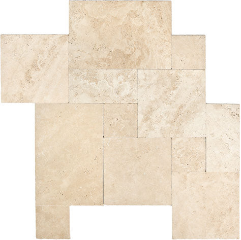 Ivory Travertine Versailles Pattern Tile Set – Chiseled Edge & Brushed Finish for Bathroom, Kitchen & Flooring – Natural Stone Mosaic Tile for Home Renovation & Interior Design