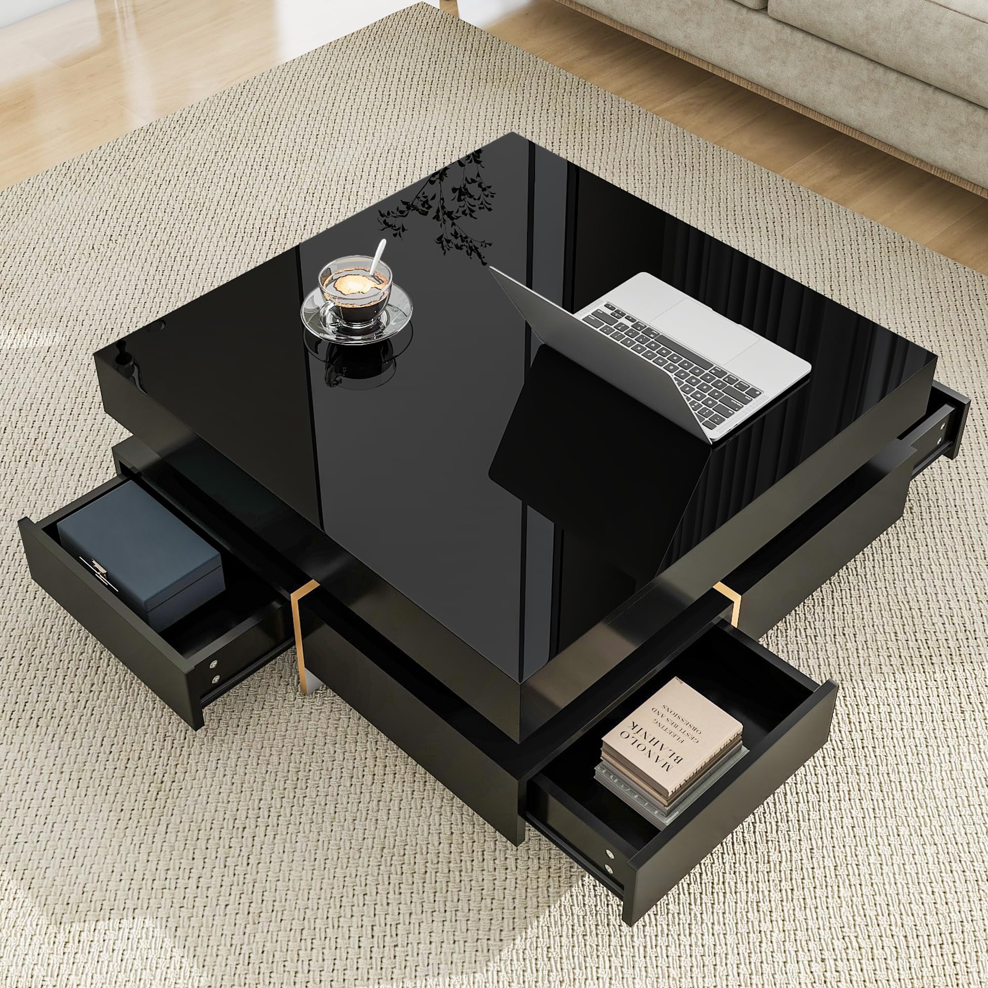 Modern High Gloss Coffee Table with 4 Drawers - Merax Multi-Storage Square Cocktail Table with Wood Grain Legs for Living Room, 31.5