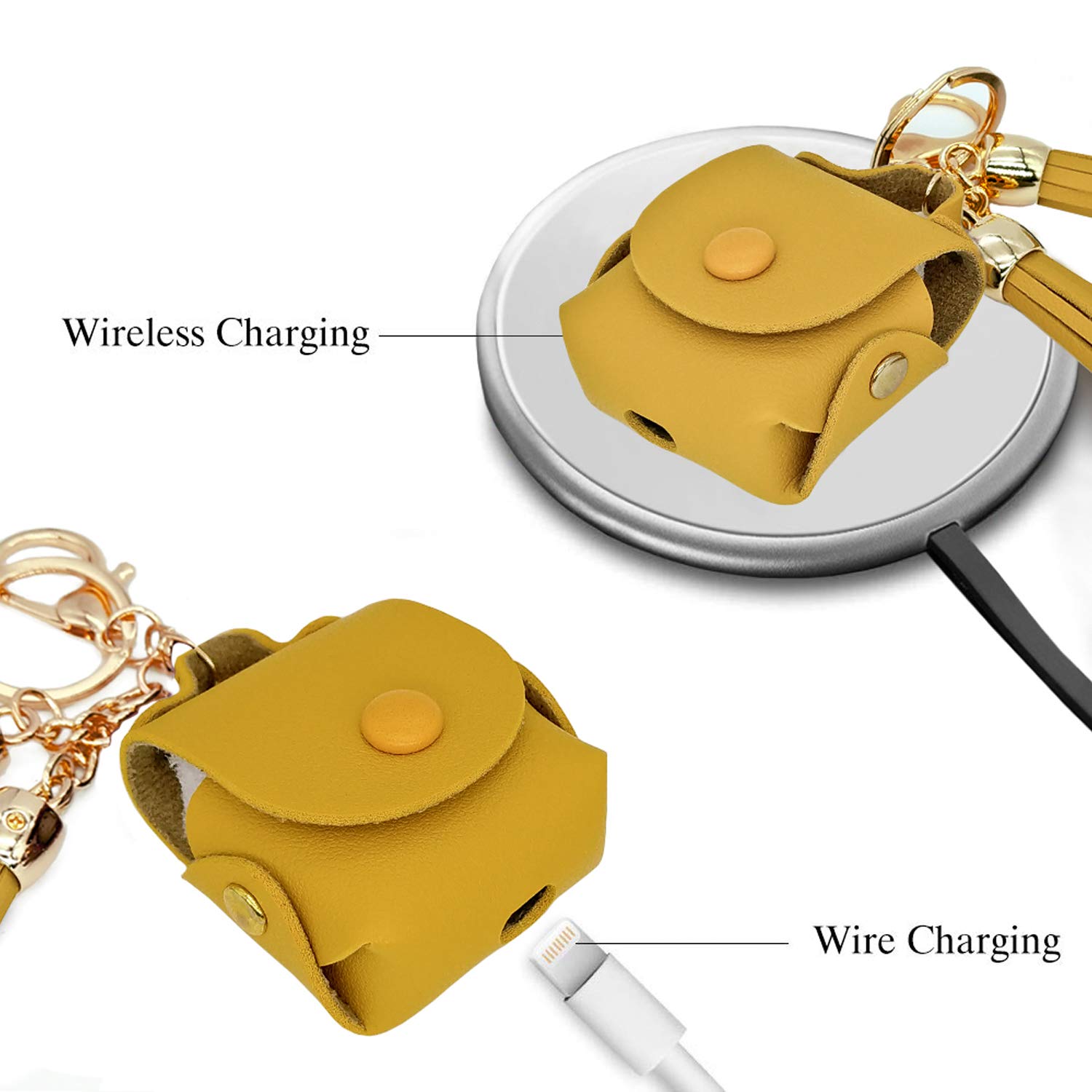 Premium PU Leather Charging Case Cover for Apple AirPods 1/2 with Decorative Tassels - Yellow | Protective Case for AirPods Charging Case | Perfect for Travel, Work, and Everyday Use