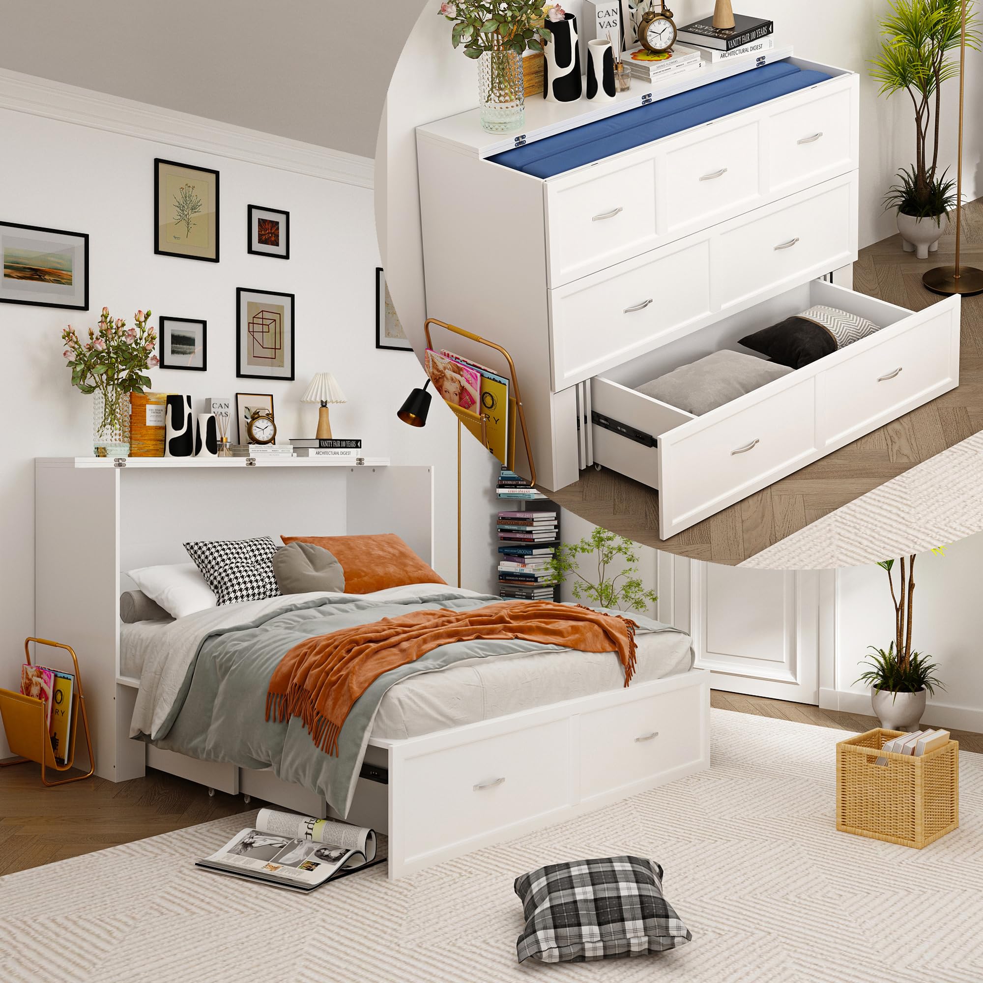 ECACAD Full Size Murphy Cabinet Bed with Built-in Power Strip & 3 Drawers - Foldable Wall Bed, Space Saving Platform Bed for Small Apartments, Guest Rooms & Home Offices - White