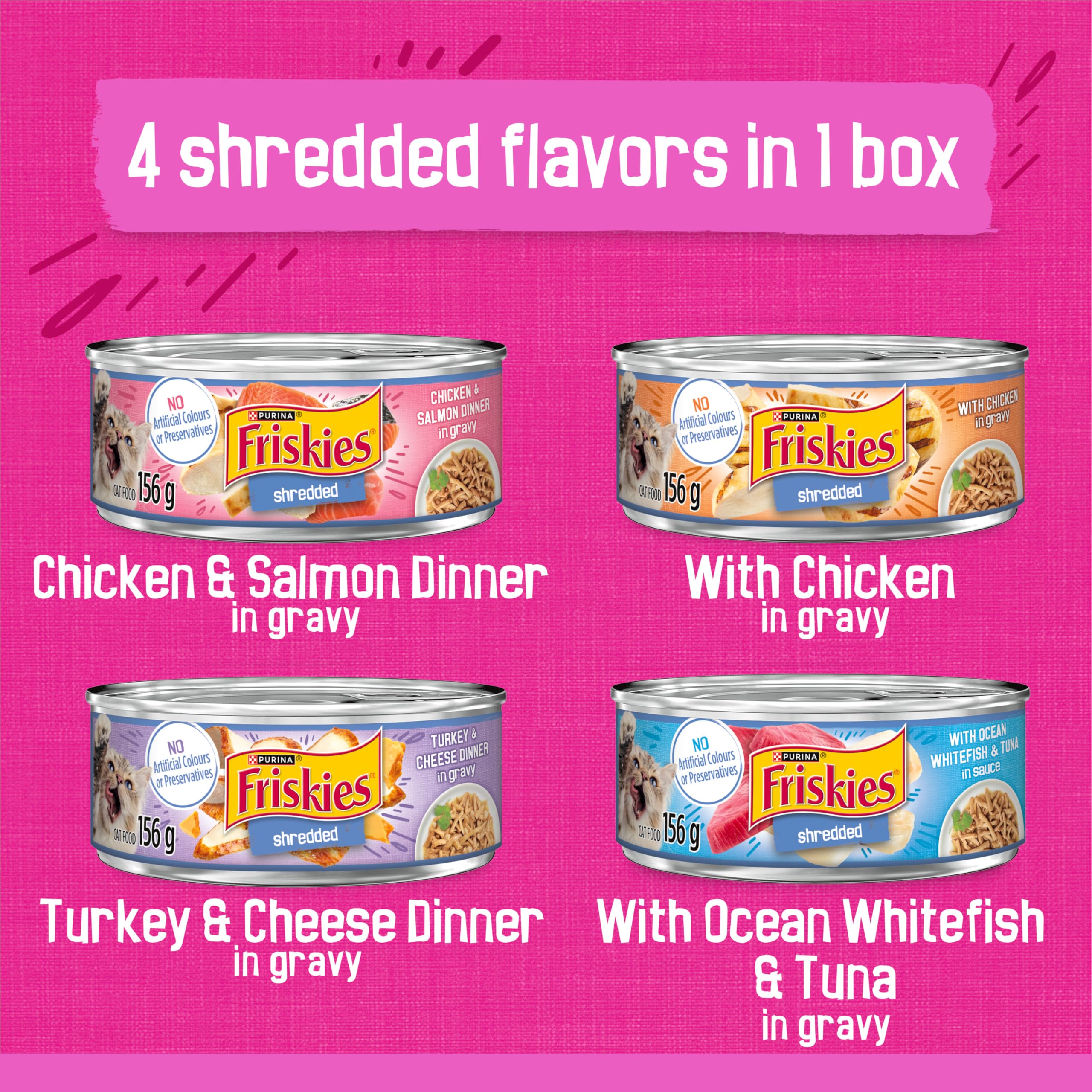 Friskies Shredded Wet Cat Food Variety Pack - Poultry & Fish Combo, 4 Delicious Flavors, 156g Cans (32-Pack) | High Protein Meal for Adult Cats, Perfect for Picky Eaters & Daily Feeding Routine
