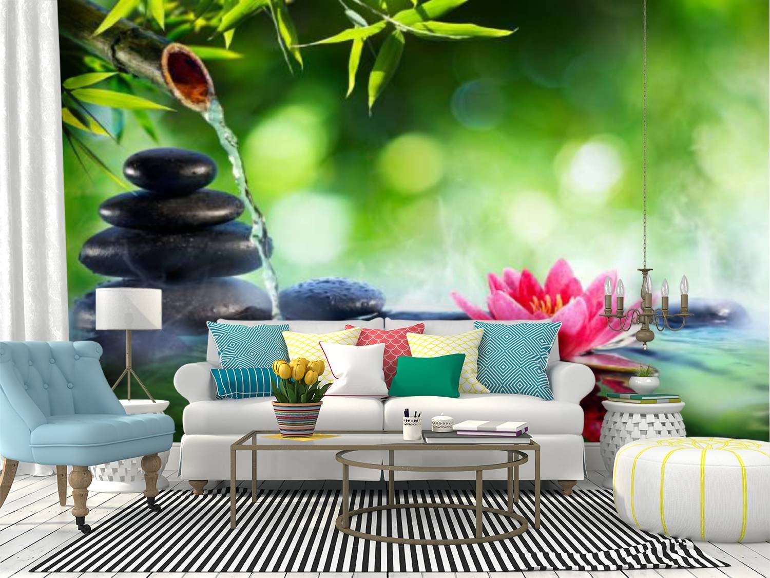 Zen Garden Canvas Wallpaper - Spa Stones & Waterlily with Fountain Self-Adhesive Peel & Stick Wall Mural, Wall Decal for Living Room, Bedroom, Office | Easy Home Decor Upgrade for Meditation Spaces & Relaxing Atmospheres